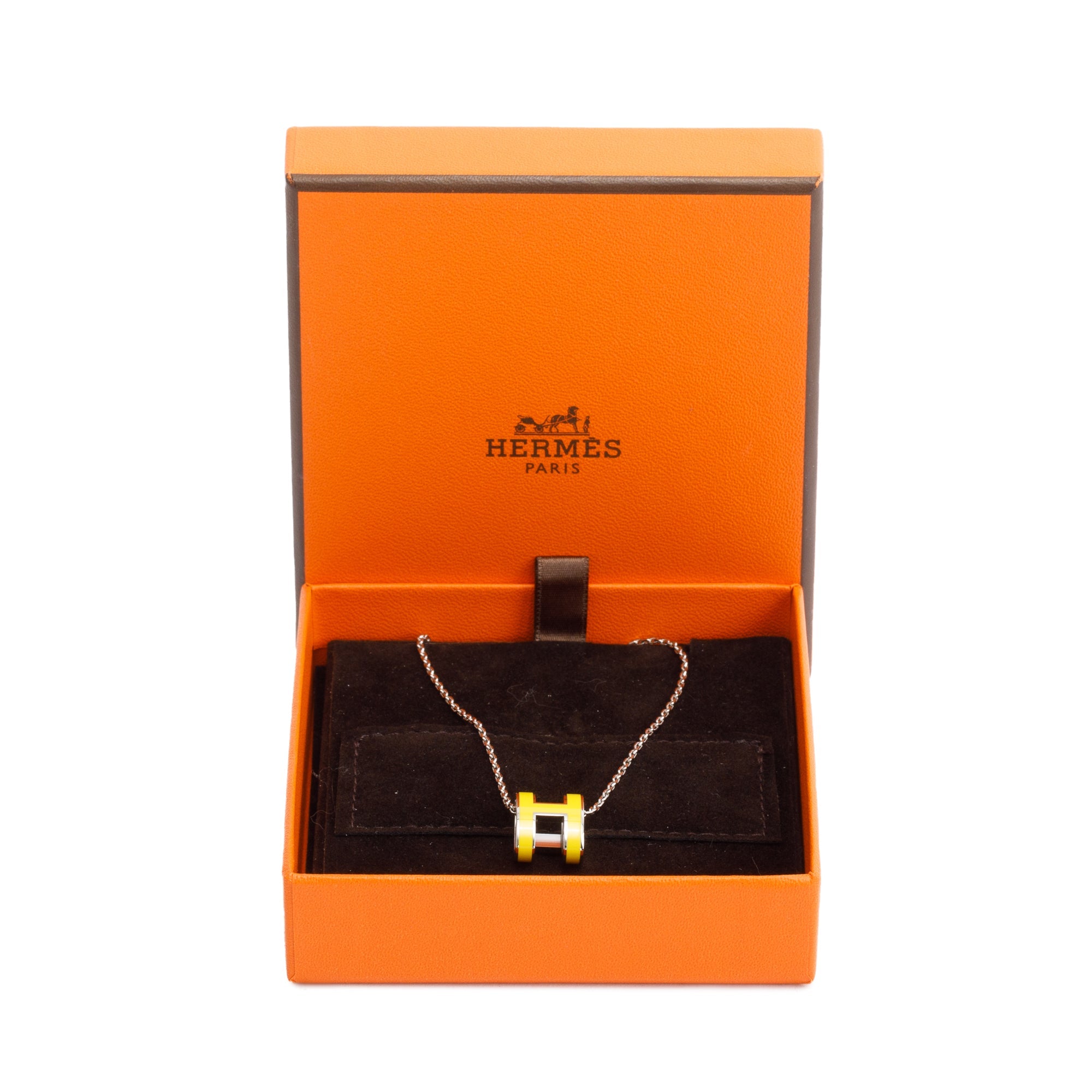 Hermes Palladium-Plated Yellow Lacquered Pop H Pendant Necklace w/ Box