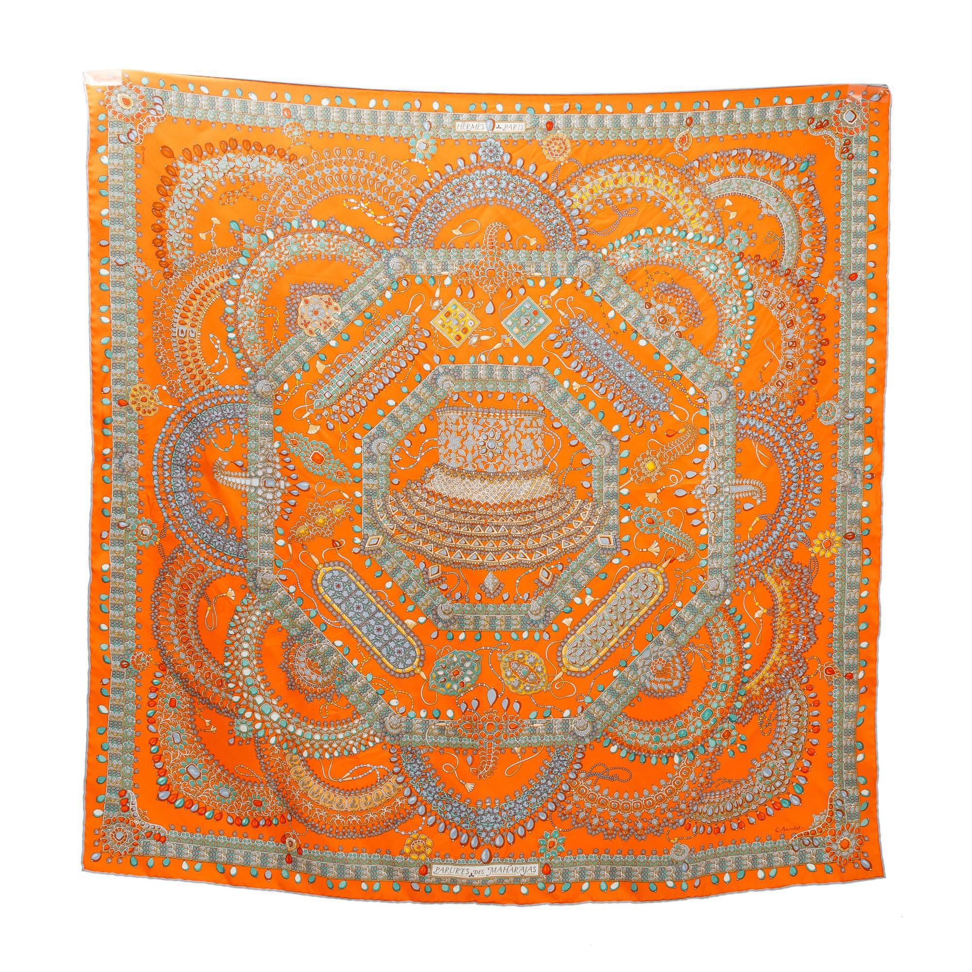 Hermes 'Parures Des Maharajas' Orange Silk Scarf 90 w/ Box