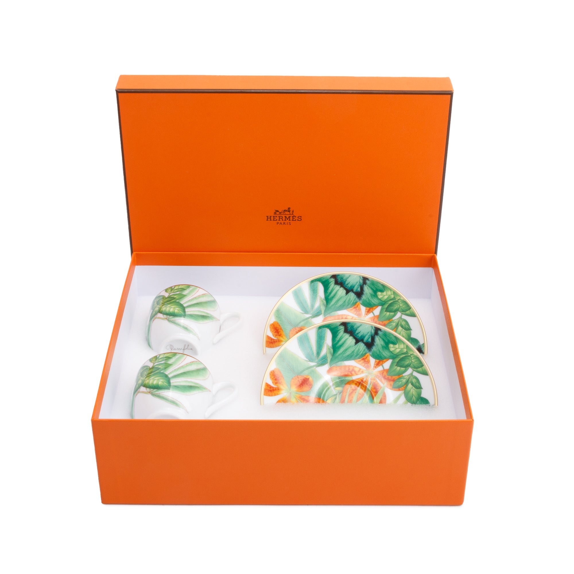 Hermes Passifolia Porcelain Set of 4 Coffee Cups and Saucers w/ Box