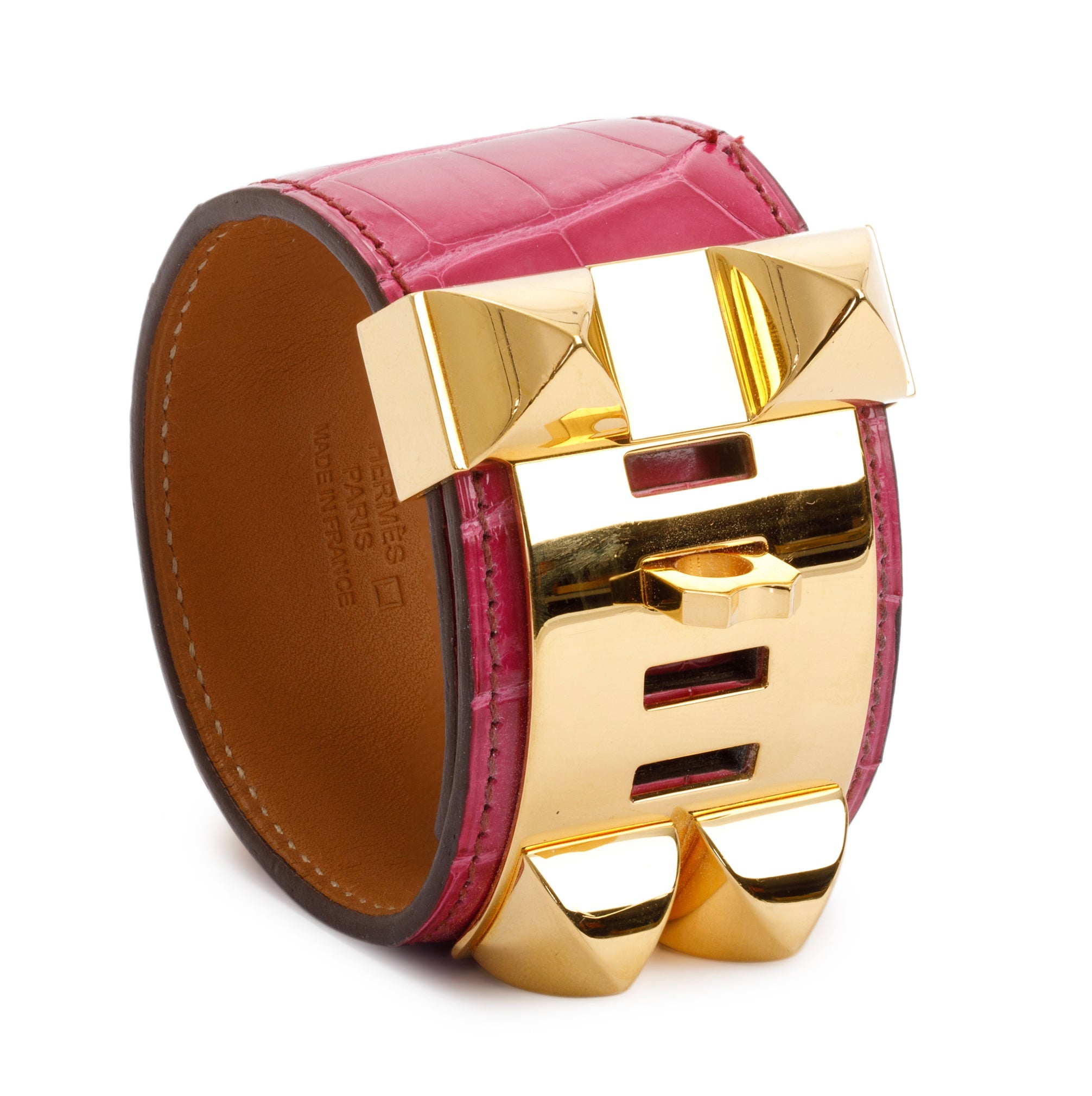 Hermes Pink Alligator Gold Plated Metal Collier de Chien Bracelet