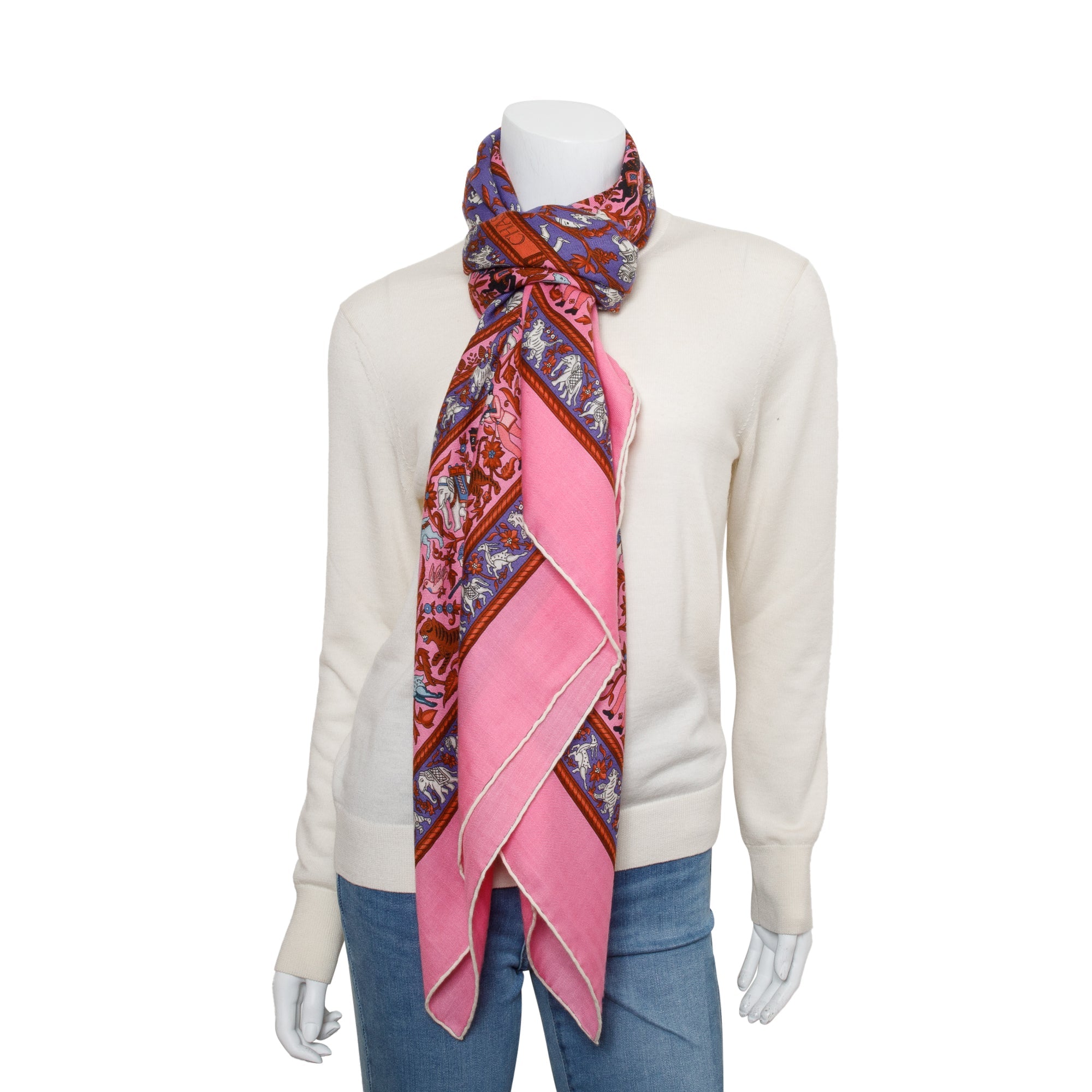 Hermes Pink Multicolor 'Chasse En Inde' Cashmere Silk Shawl 140 w/ Box