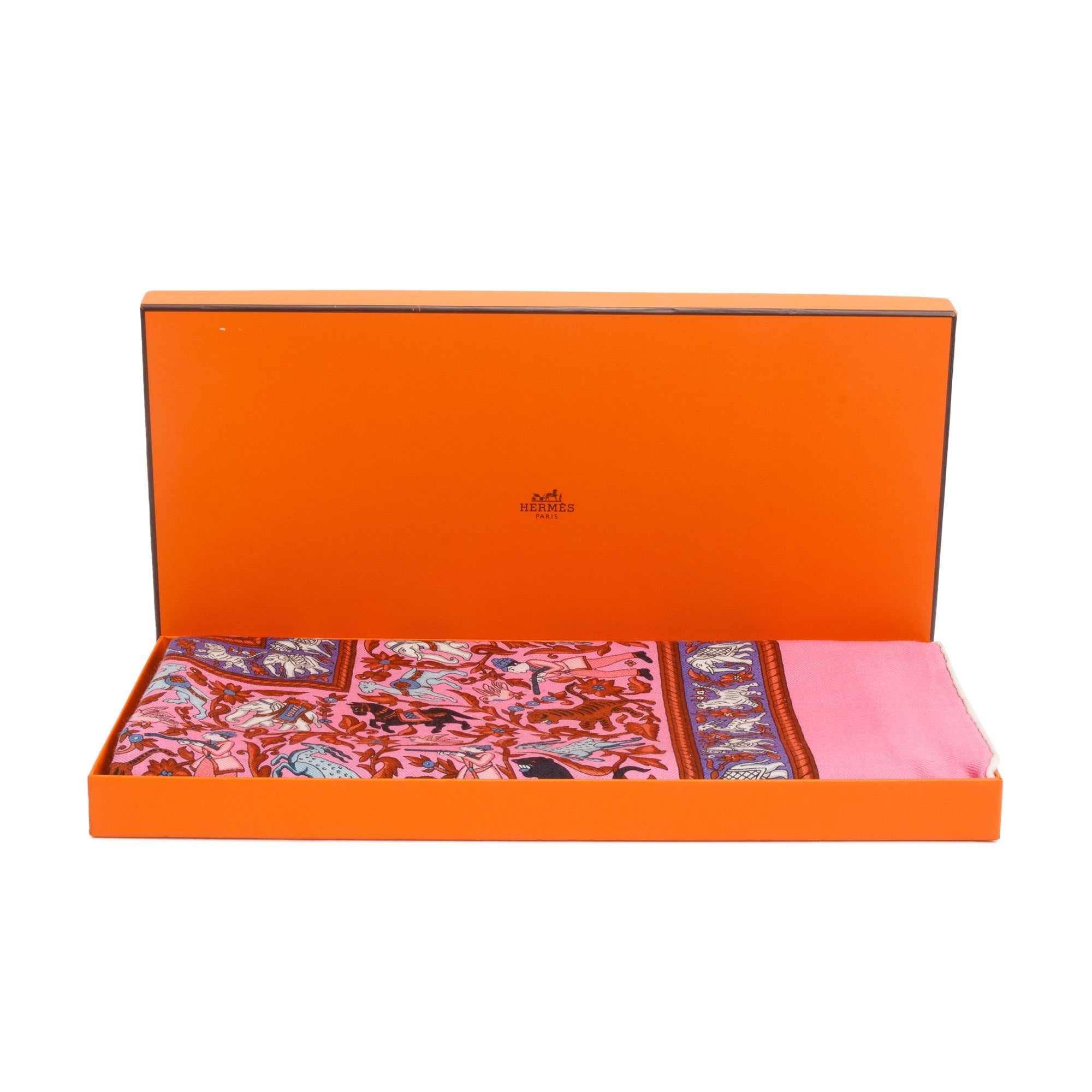 Hermes Pink Multicolor 'Chasse En Inde' Cashmere Silk Shawl 140 w/ Box