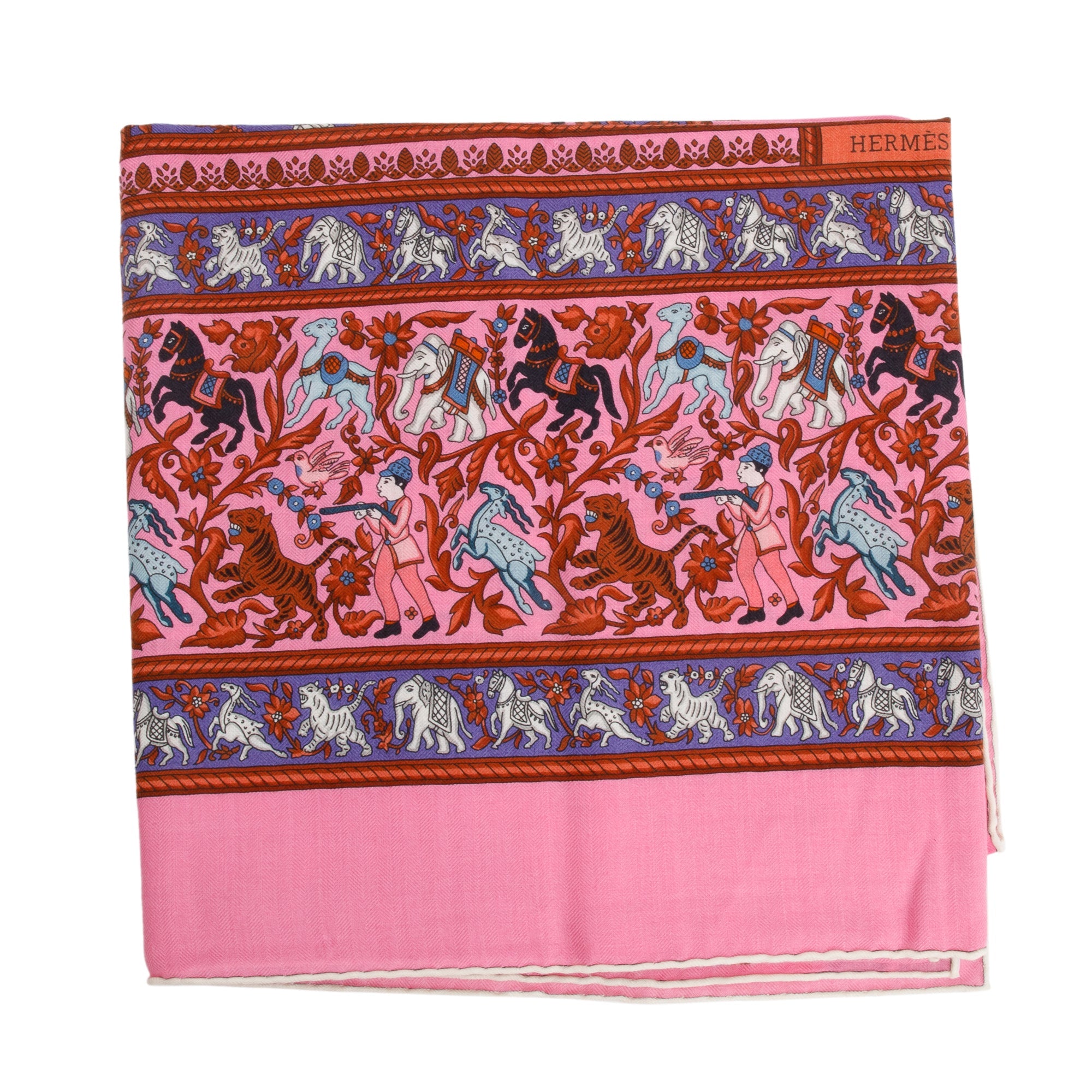 Hermes Pink Multicolor 'Chasse En Inde' Cashmere Silk Shawl 140 w/ Box