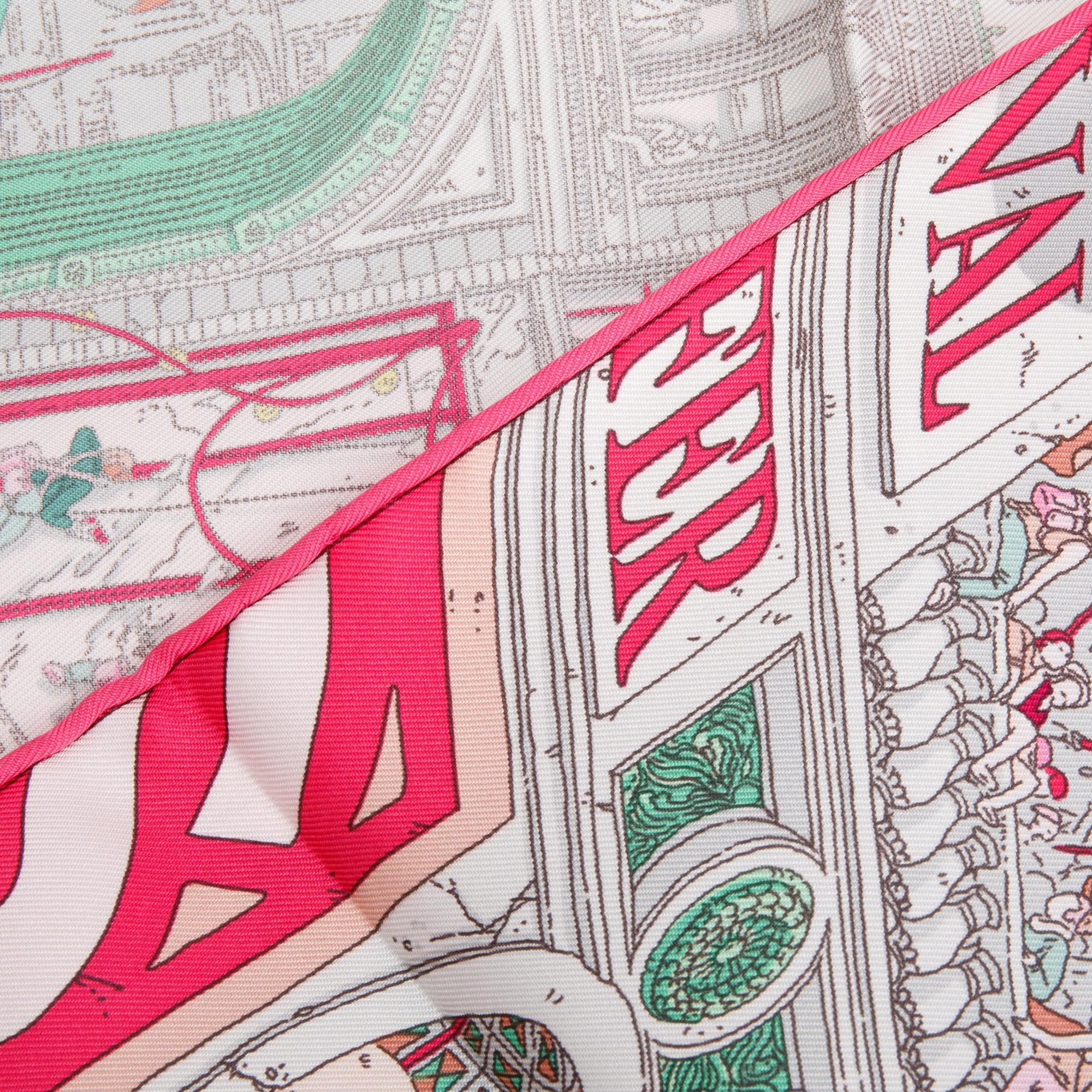 Hermes Pink Multicolor 'Le Grand Prix Du Faubourg' Silk Scarf 90 w/ Box & Receipt