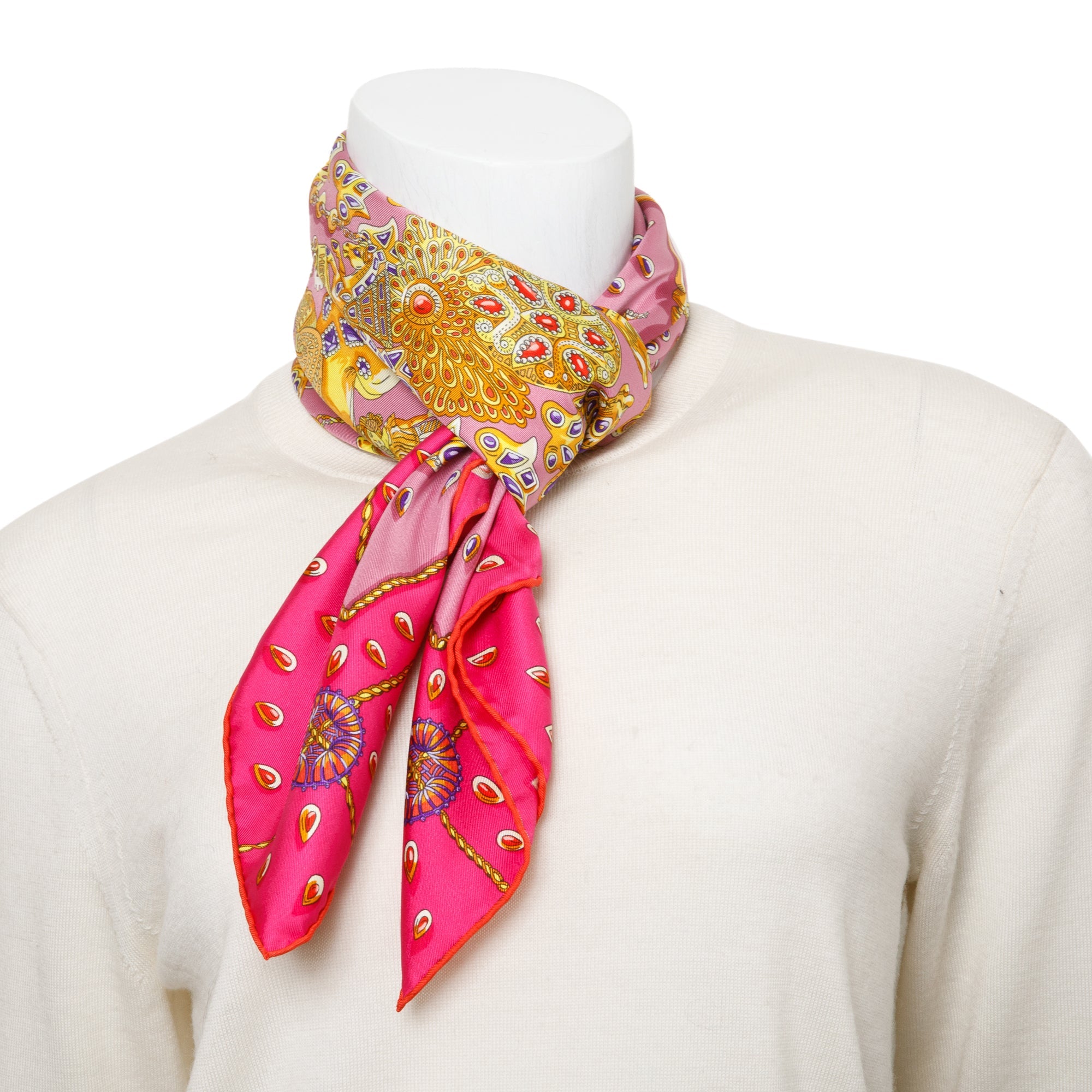 Hermes Pink Multicolor 'Tresors Retrouves' Silk Scarf 90