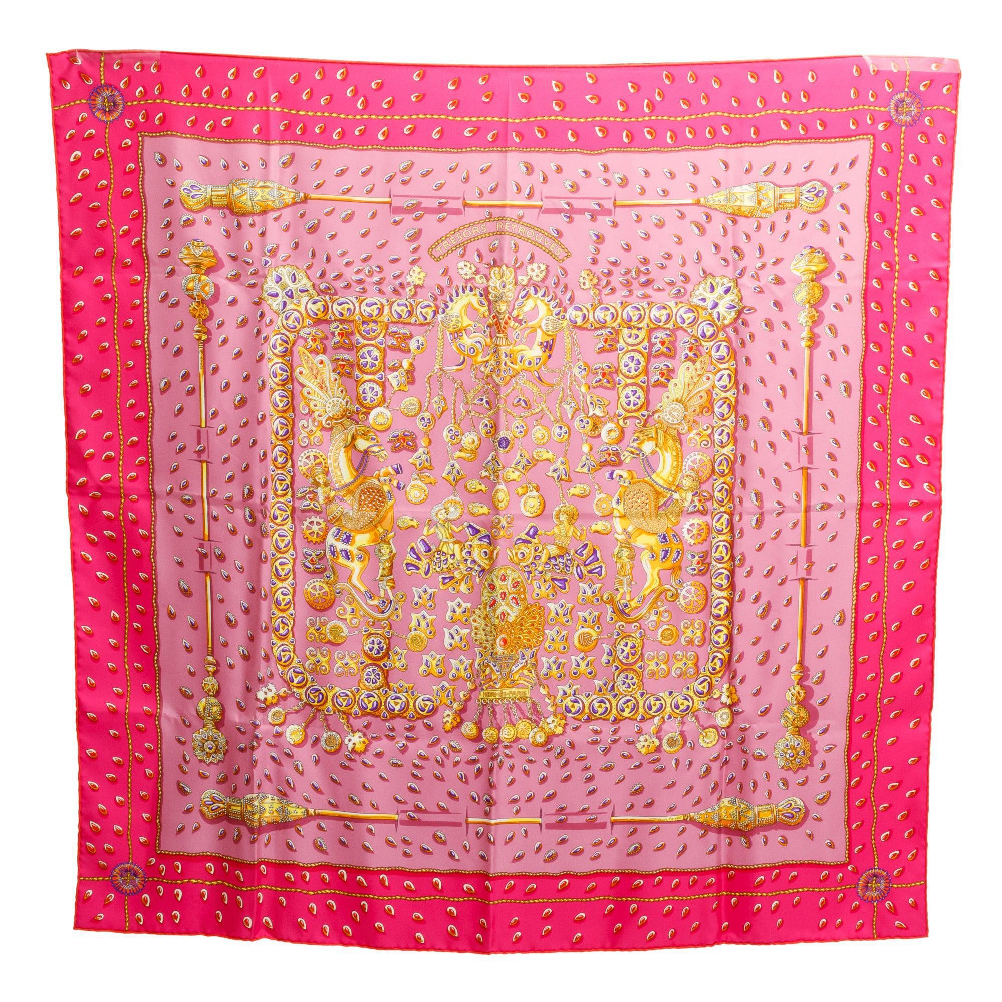Hermes Pink Multicolor 'Tresors Retrouves' Silk Scarf 90