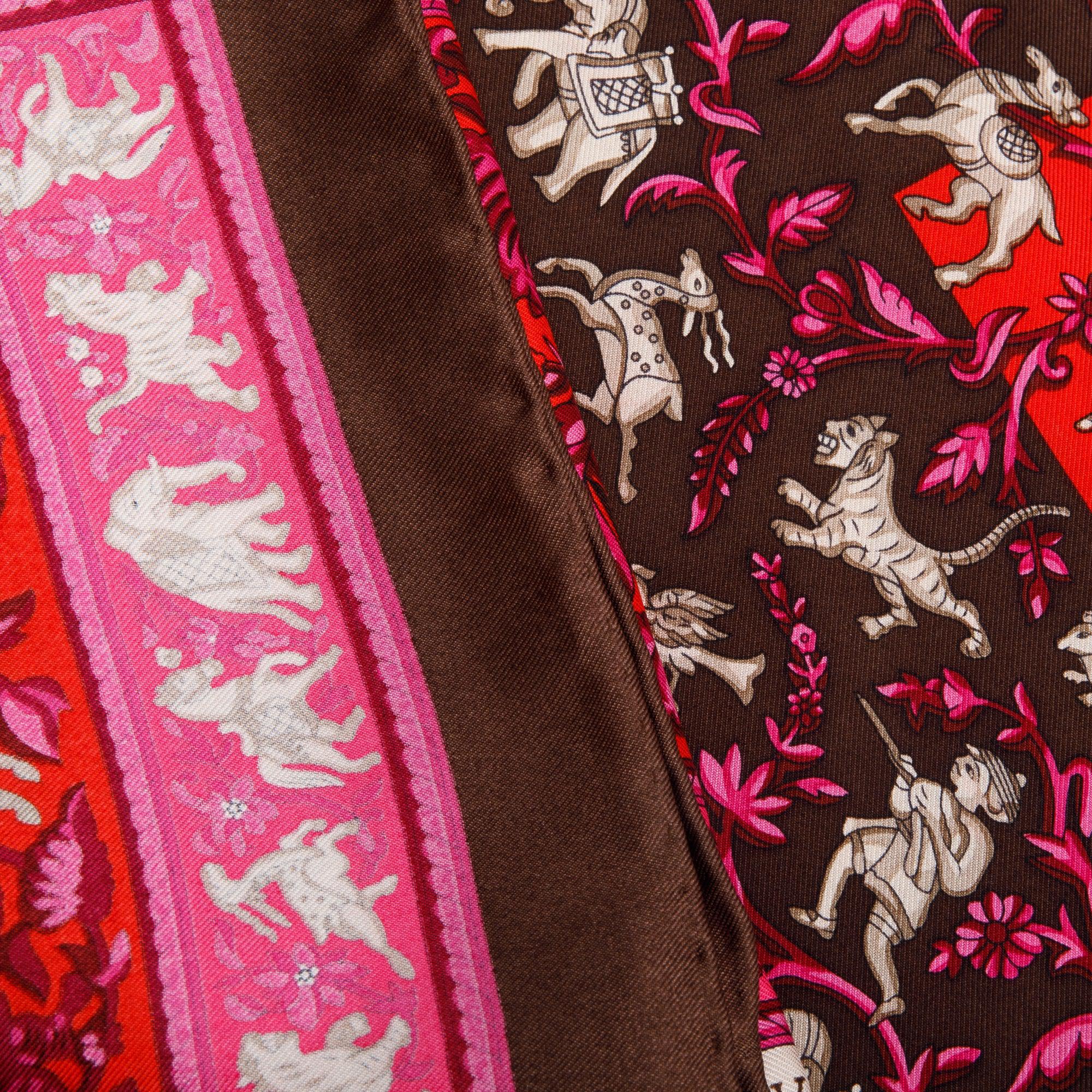 Hermes Pink/Red 'Chasse En Inde' Silk Scarf 90