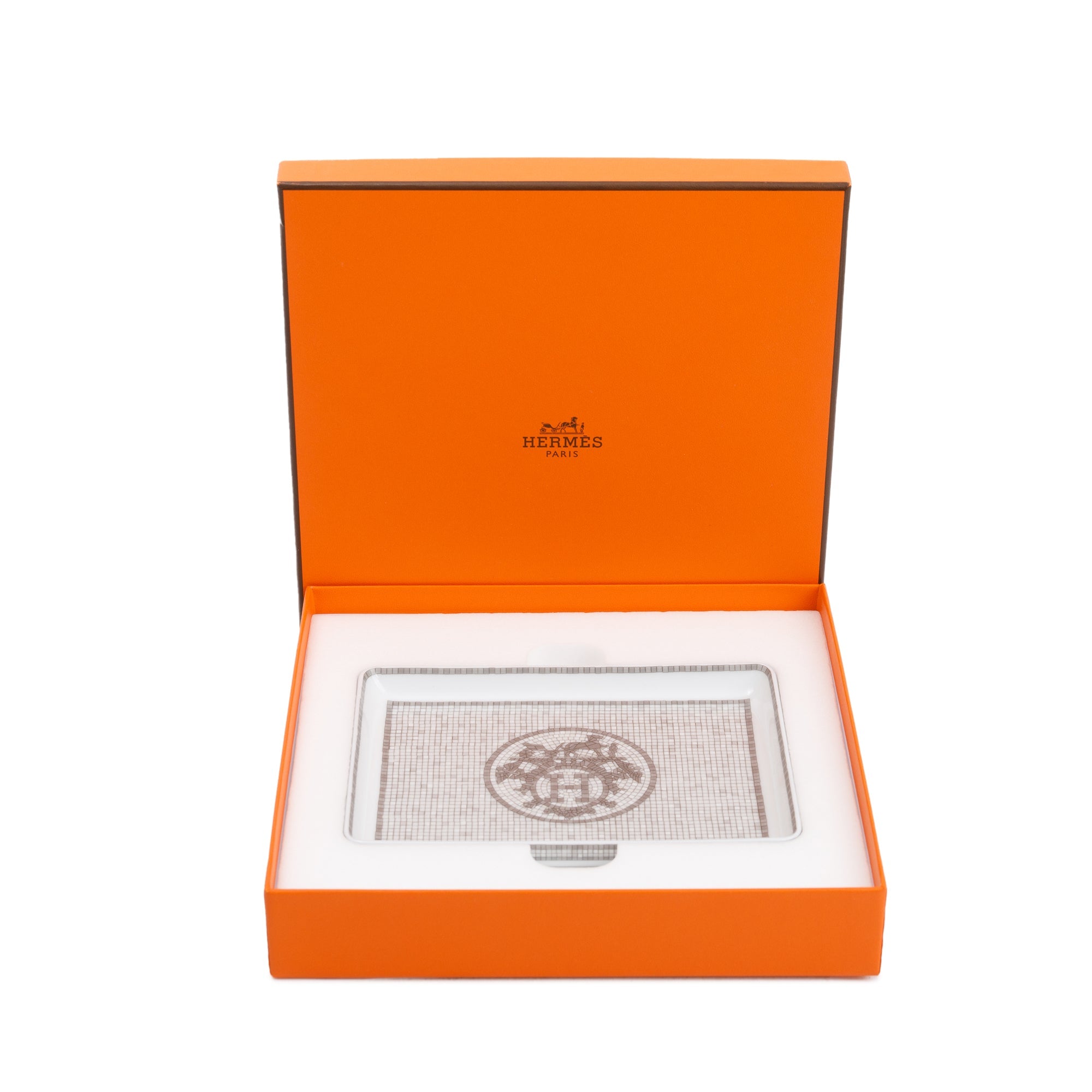 Hermes Porcelain Mosaique Au 24 Platinum Tray, Small Model w/ Box