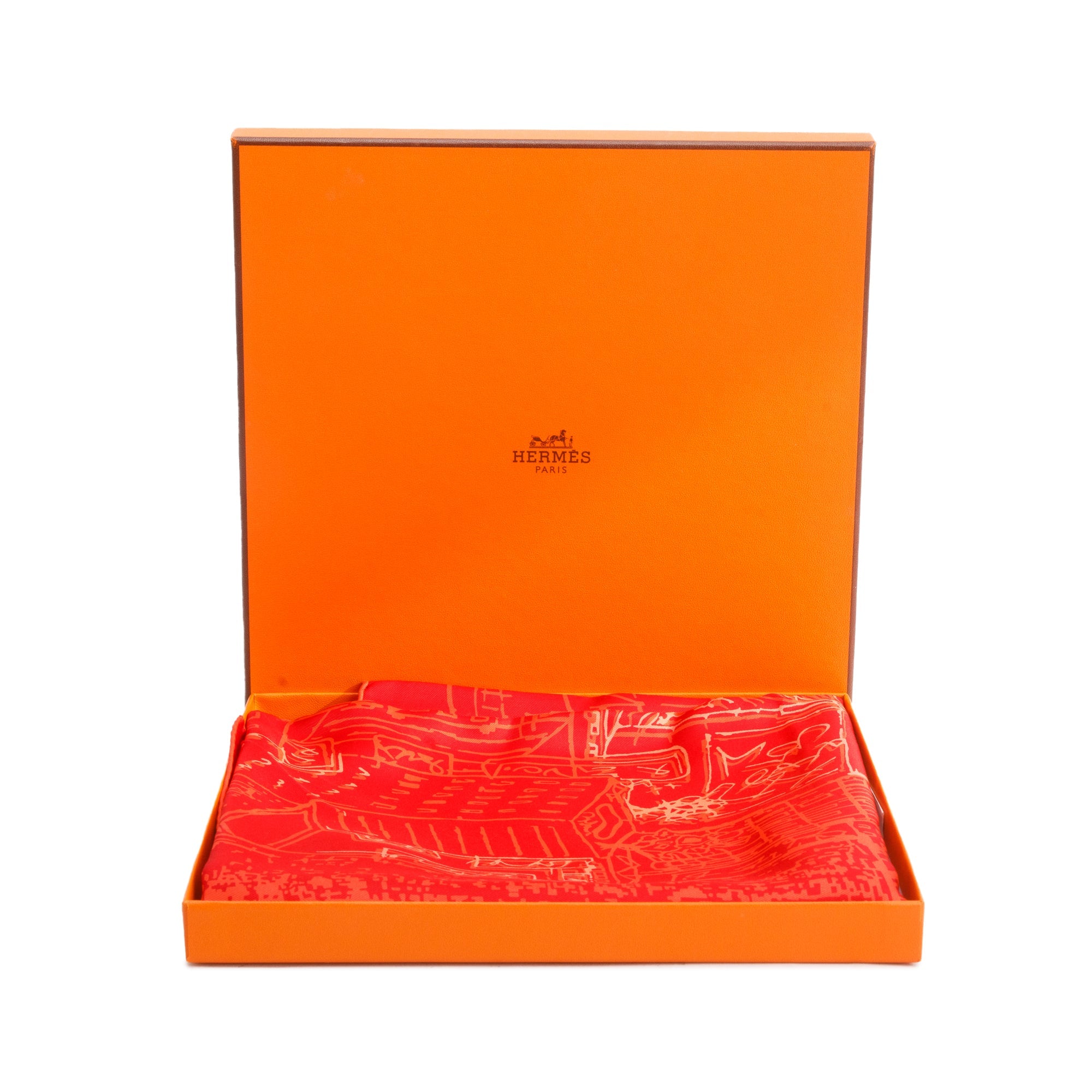 Hermes Red 'De Passage A Tokyo' Silk Scarf 90 w/ Box