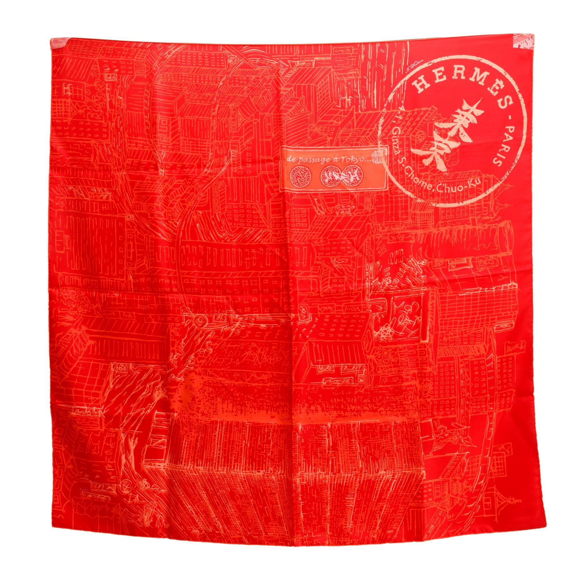 Hermes Red 'De Passage A Tokyo' Silk Scarf 90 w/ Box
