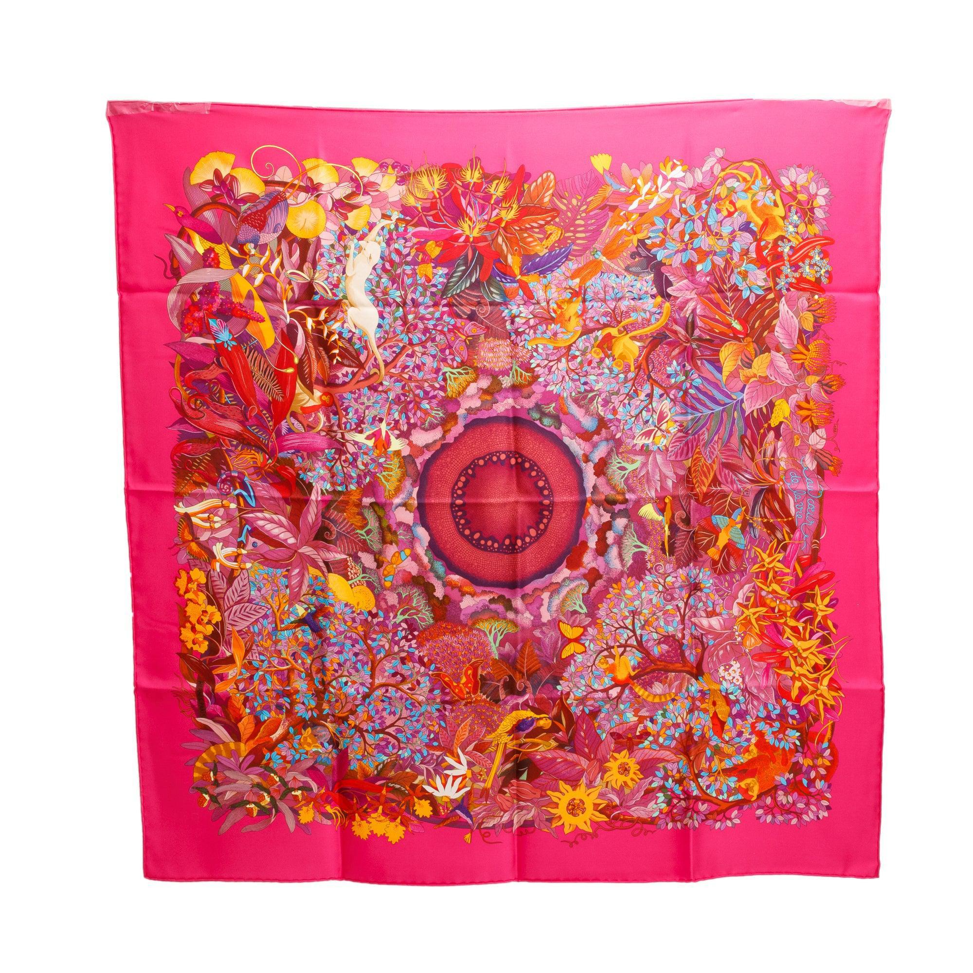 Hermes Rose 'Au Cour De La Vie' Silk Scarf 90 w/ Box