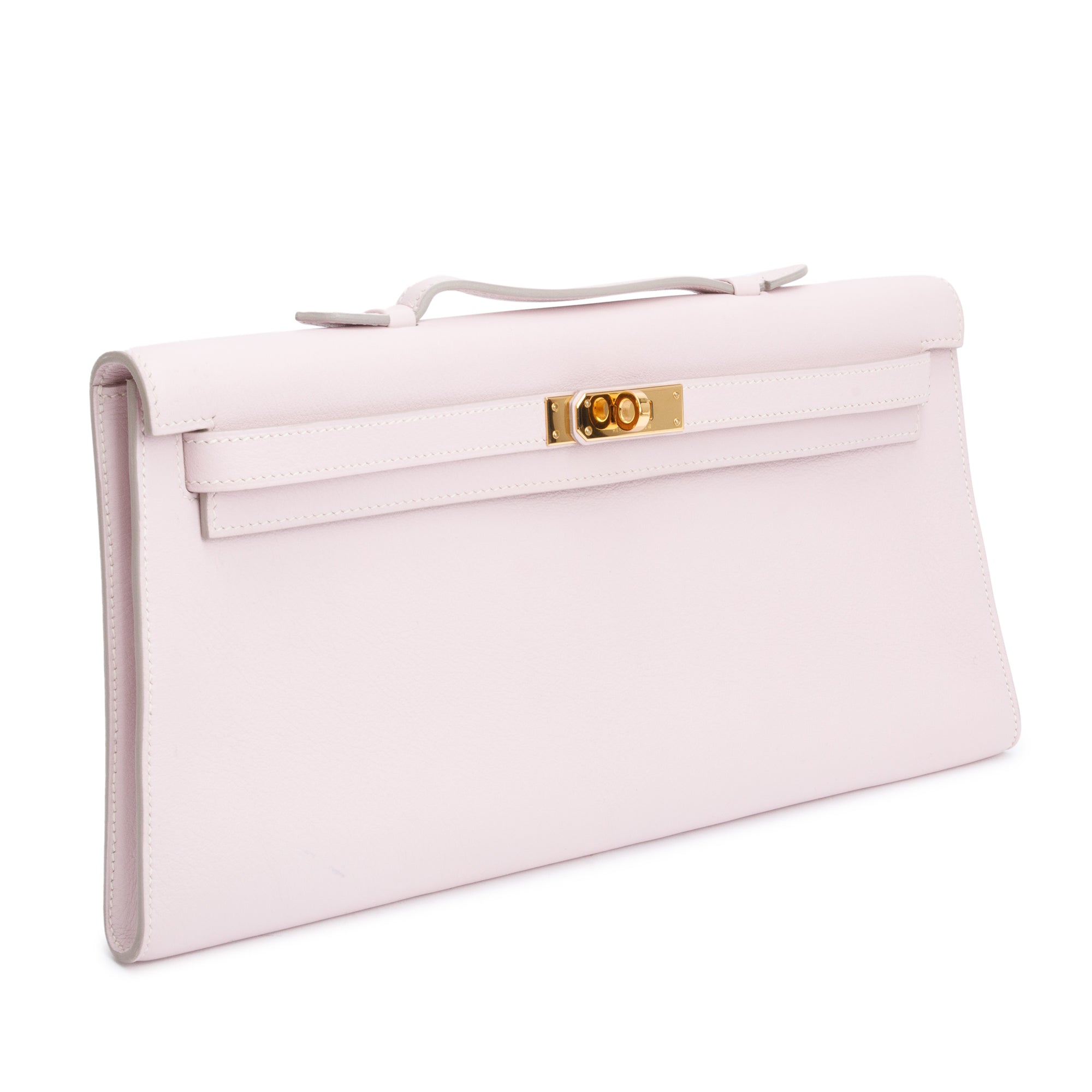 Hermes Rose Dragee Swift Leather Kelly Cut Clutch