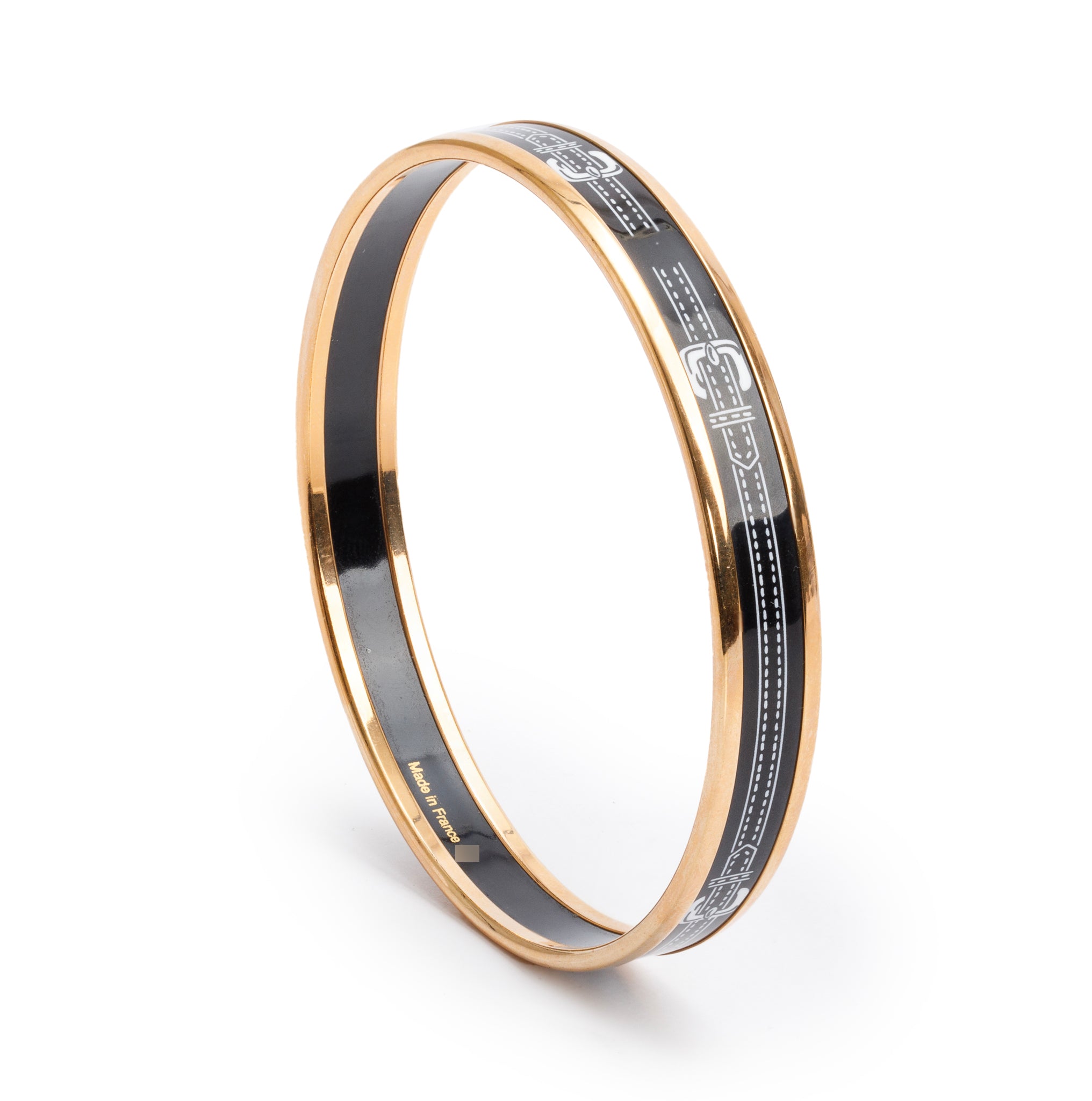 Hermes Rose Gold-Plated Black Belt Print Enamel Narrow Bangle