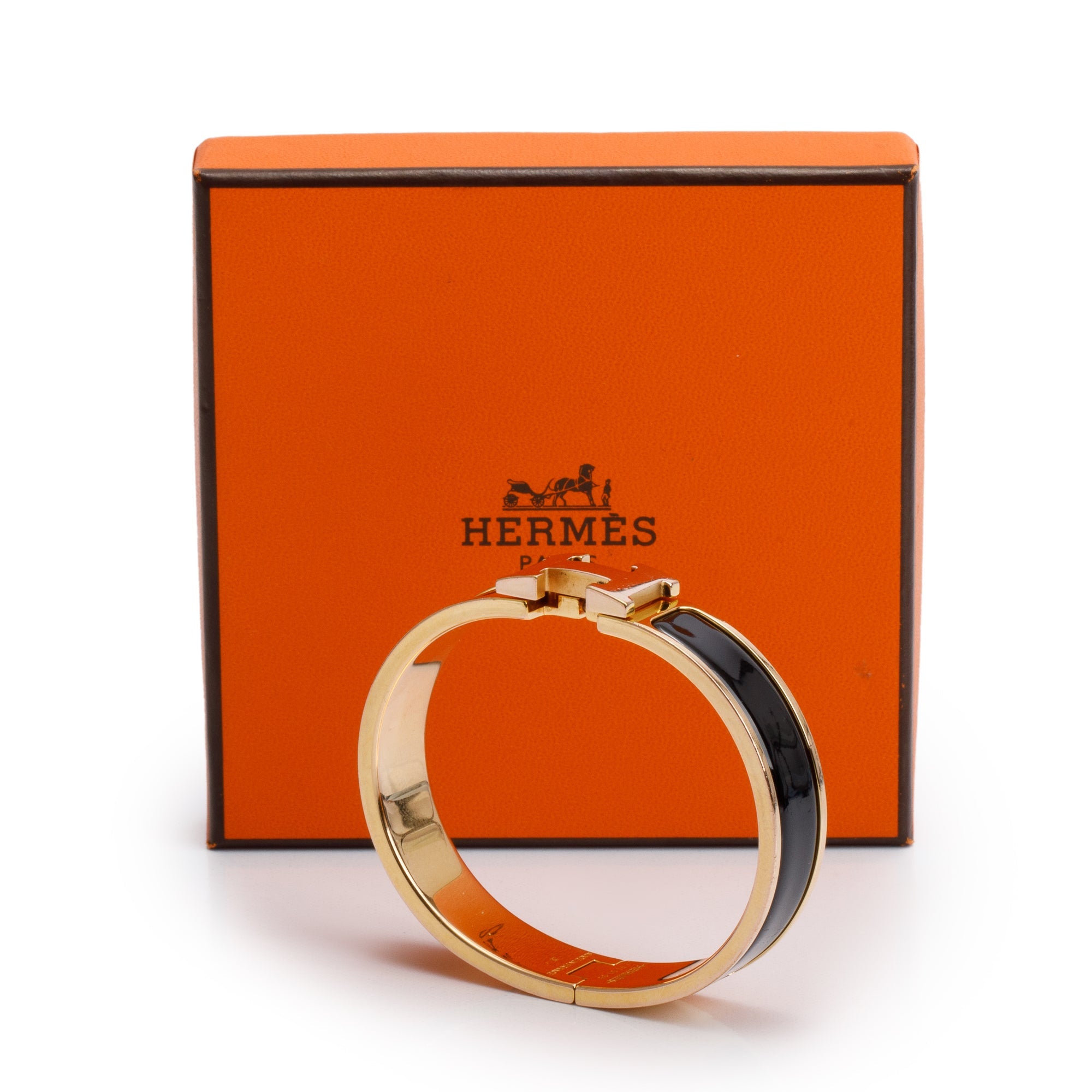 Hermes Rose Gold-Plated Black Enamel 12 MM Clic H Bracelet w/ Box