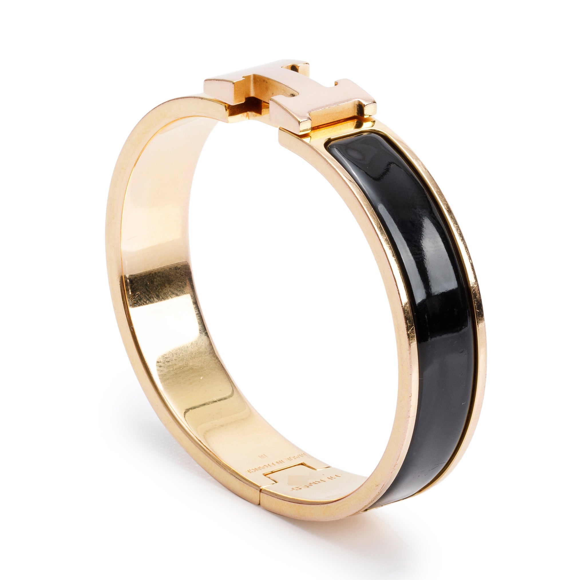 Hermes Rose Gold-Plated Black Enamel 12 MM Clic H Bracelet w/ Box