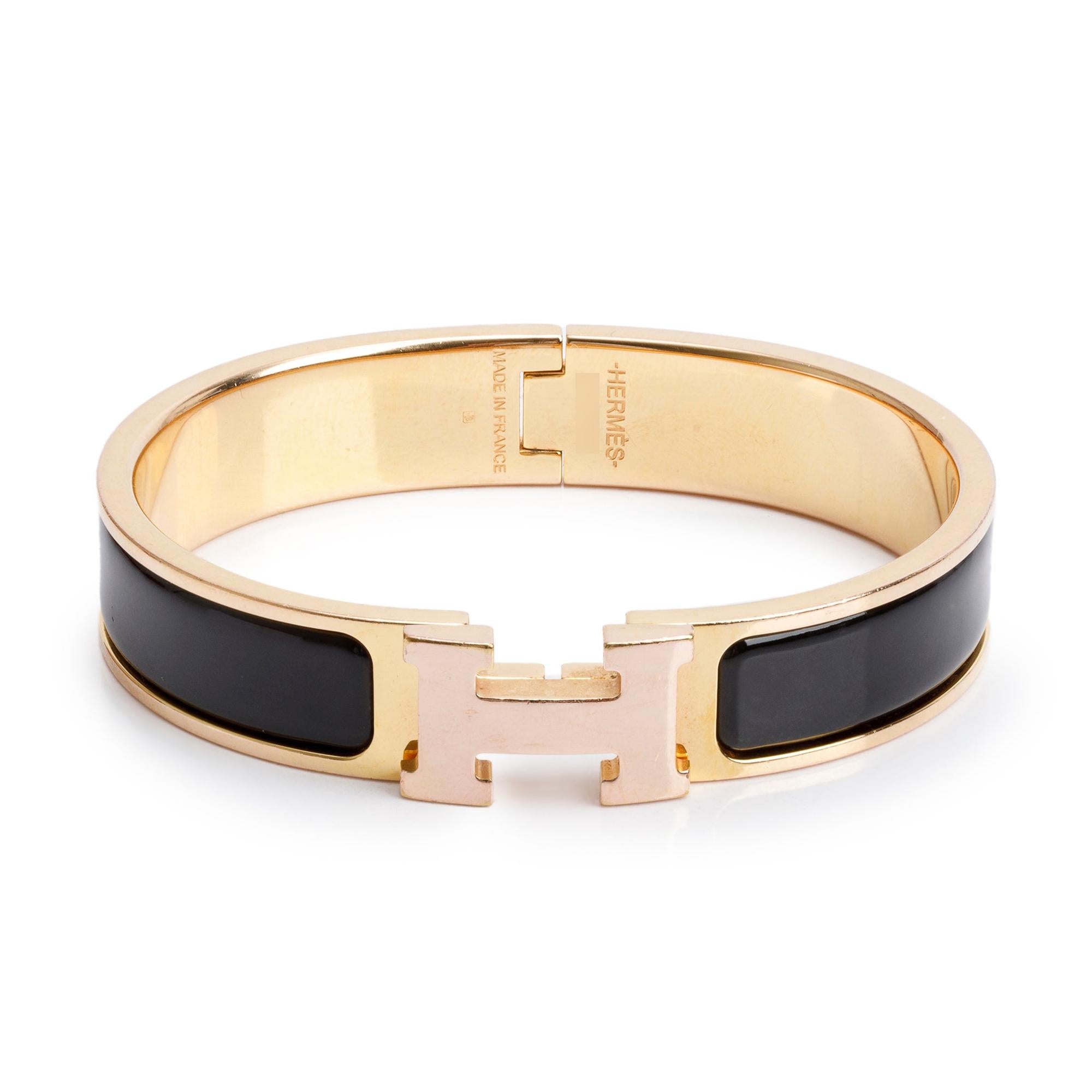 Hermes Rose Gold-Plated Black Enamel 12 MM Clic H Bracelet w/ Box