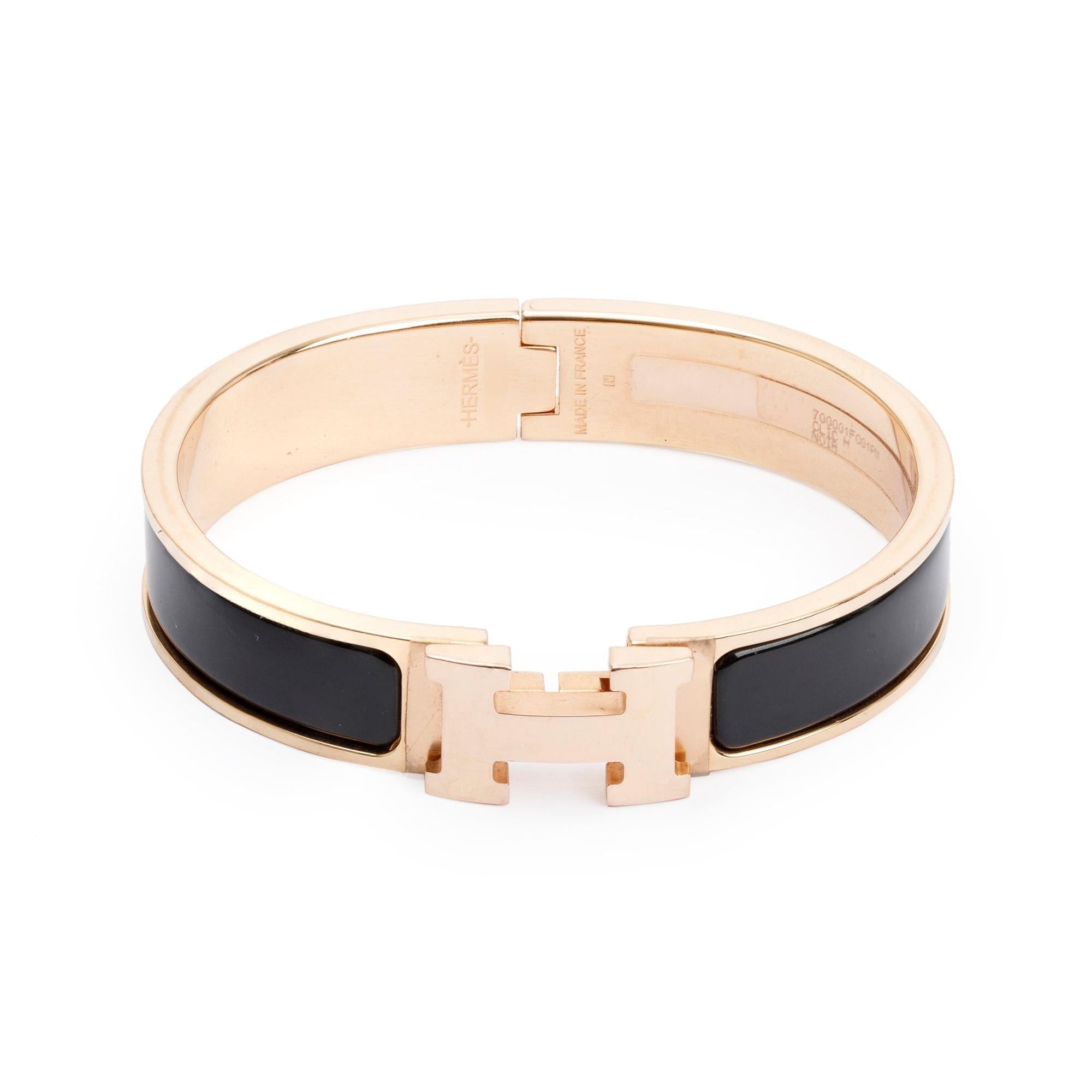 Hermes Rose Gold-Plated Black Enamel 12 MM Clic H Bracelet