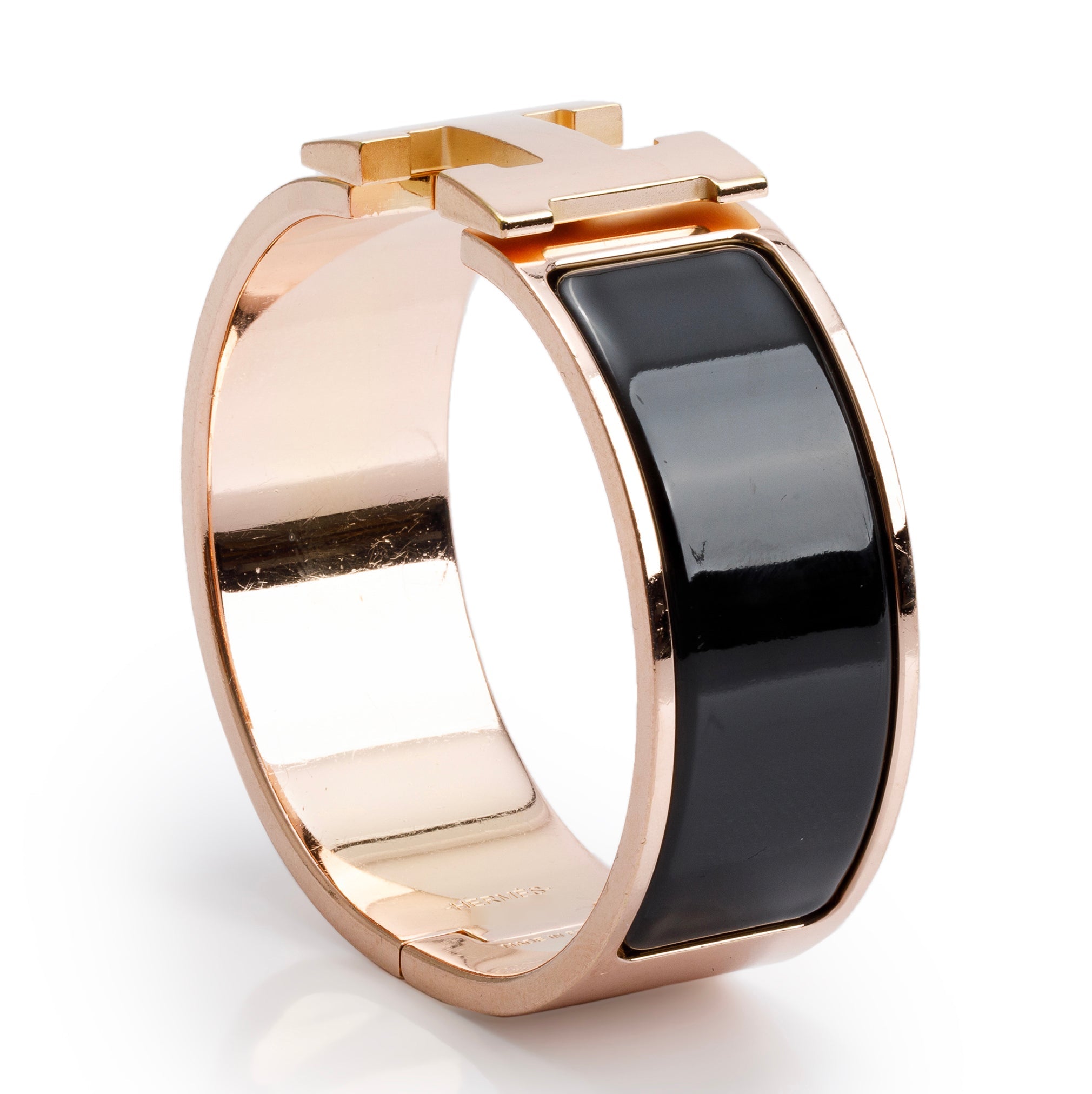 Hermes Rose Gold-Plated Black Enamel Clic Clac H Bracelet