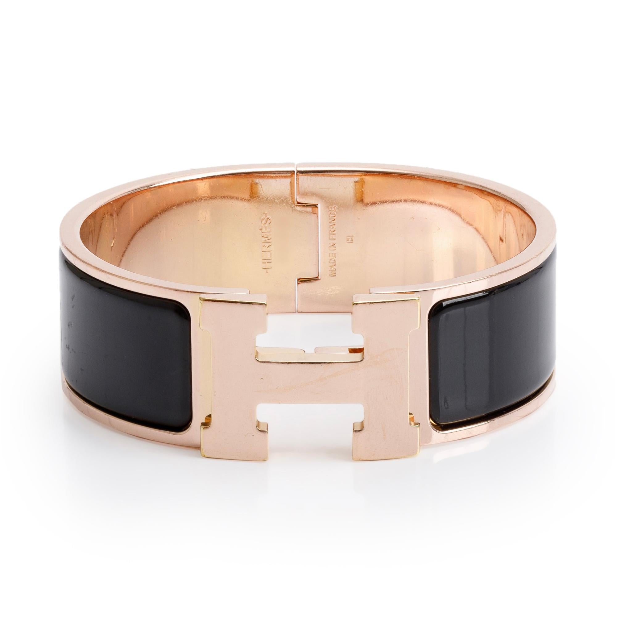 Hermes Rose Gold-Plated Black Enamel Clic Clac H Bracelet