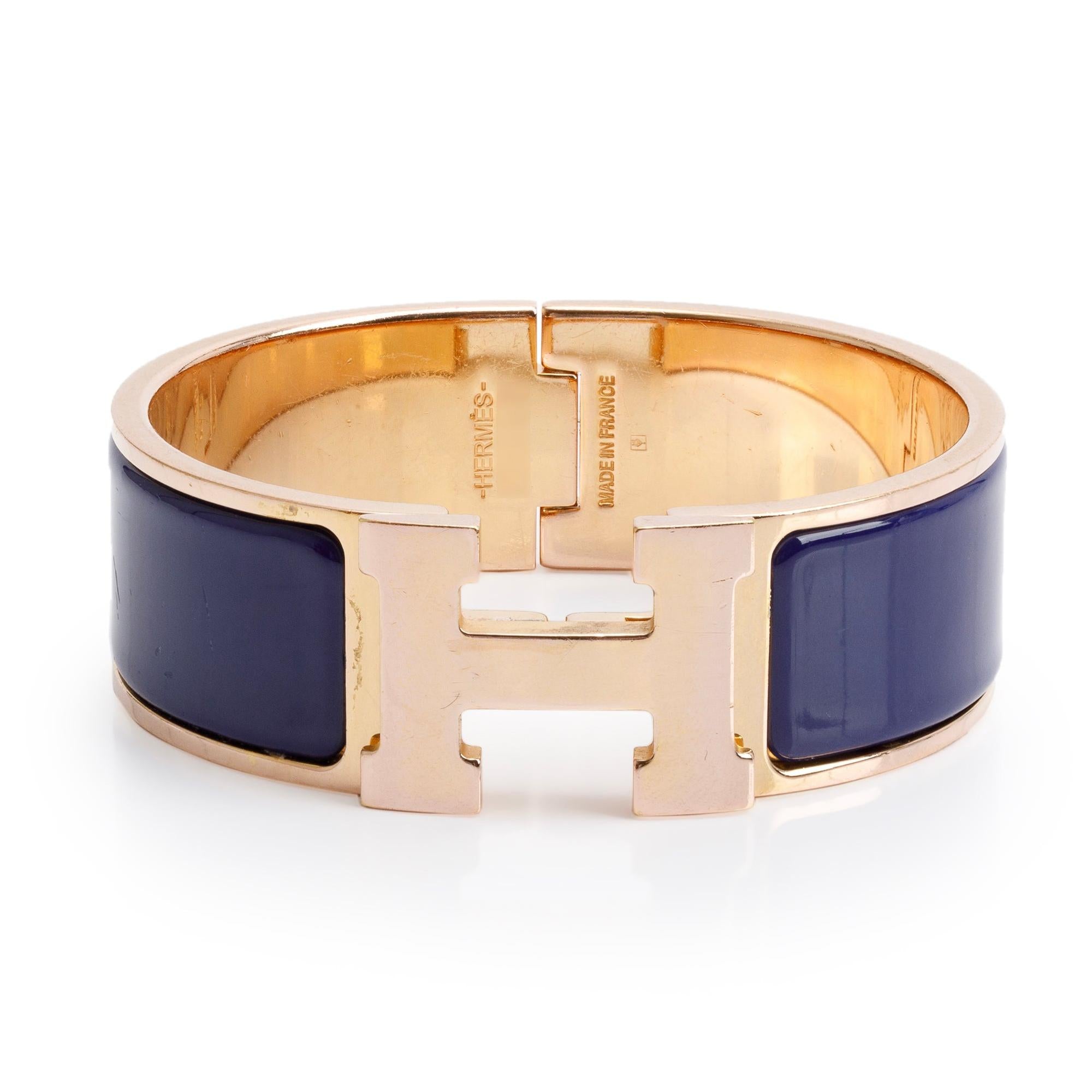 Hermes Rose Gold-Plated Blue Enamel Clic Clac H Bracelet