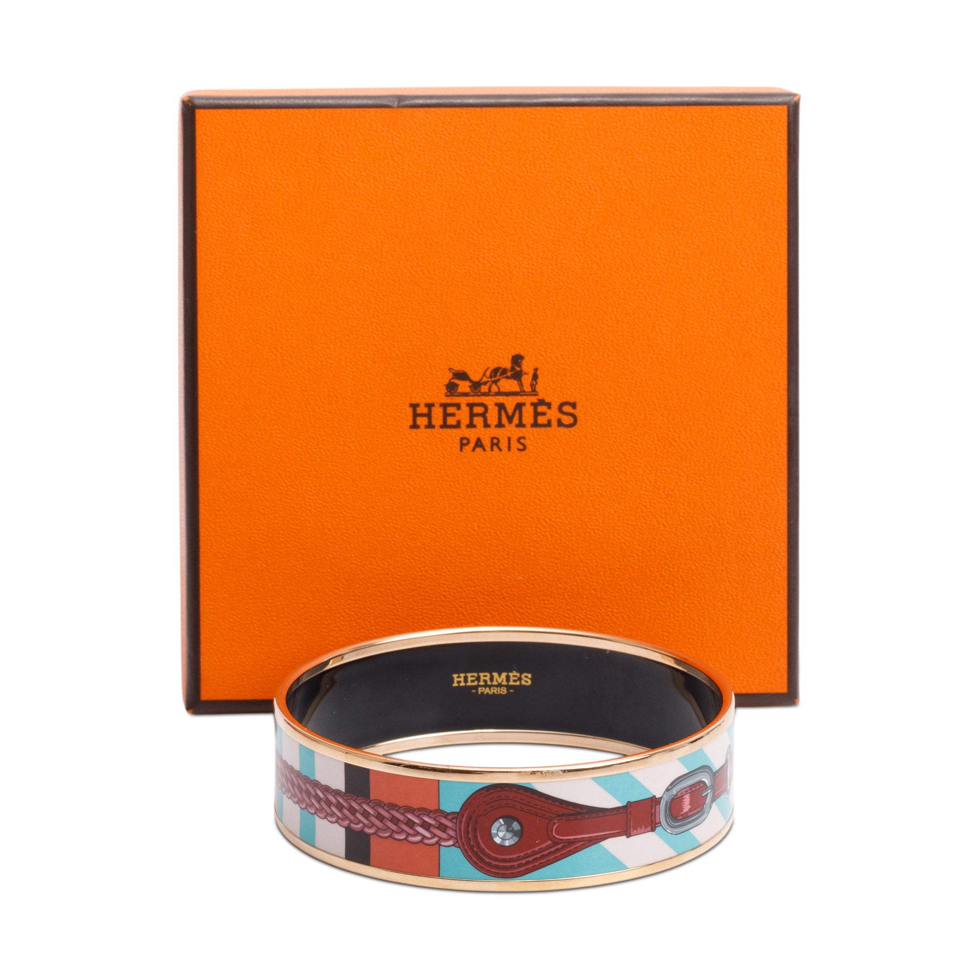 Hermes Rose Gold Plated Coaching Wide Enamel Bangle Bracelet w/ Box