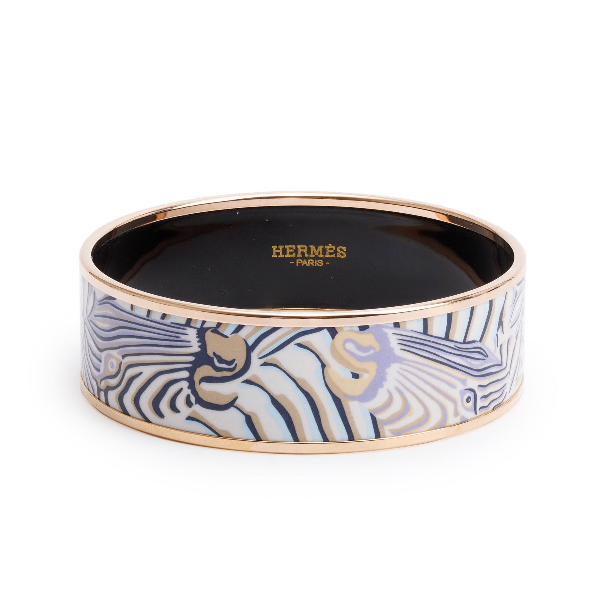 Hermes Rose Gold-Plated 'Droles de Zebres' Enamel Wide Bangle