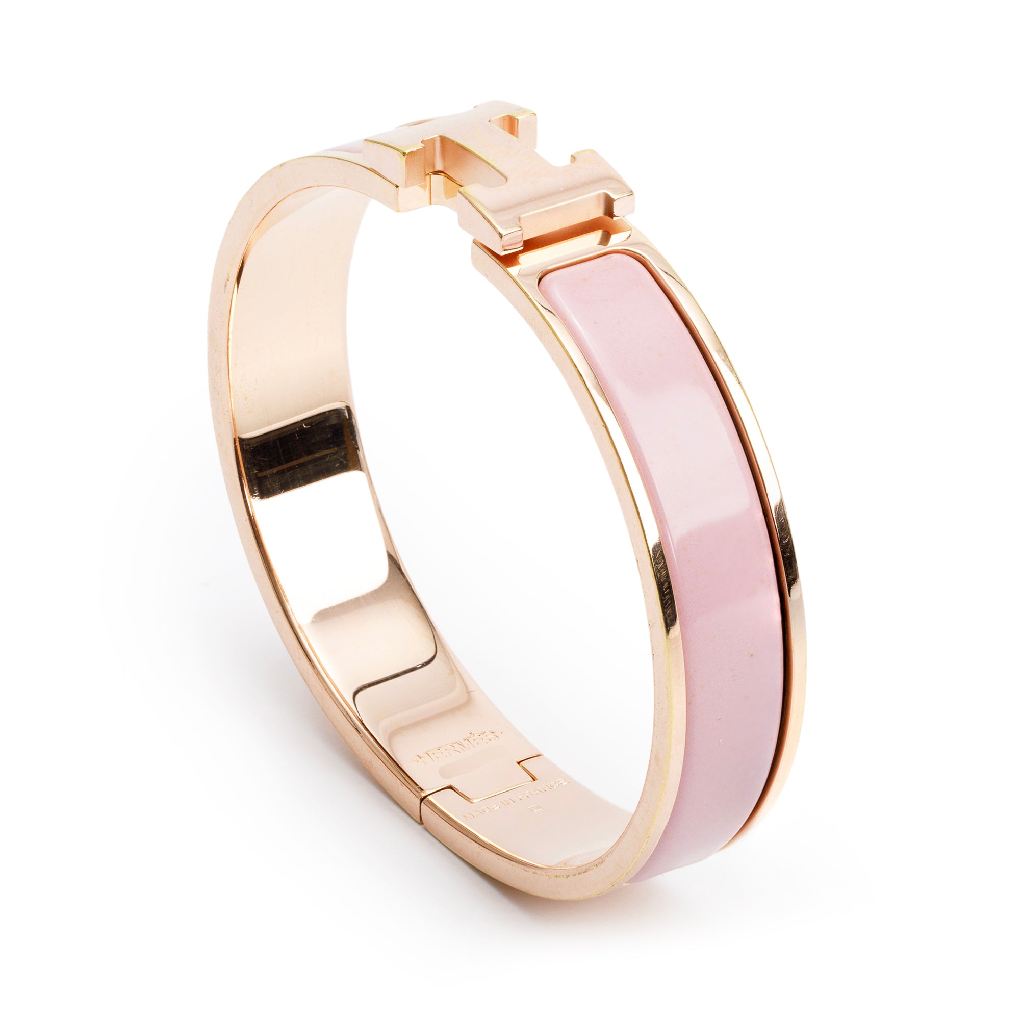 Hermes Rose Gold Plated Pink Enamel 12 MM Clic H Bracelet w/ Box