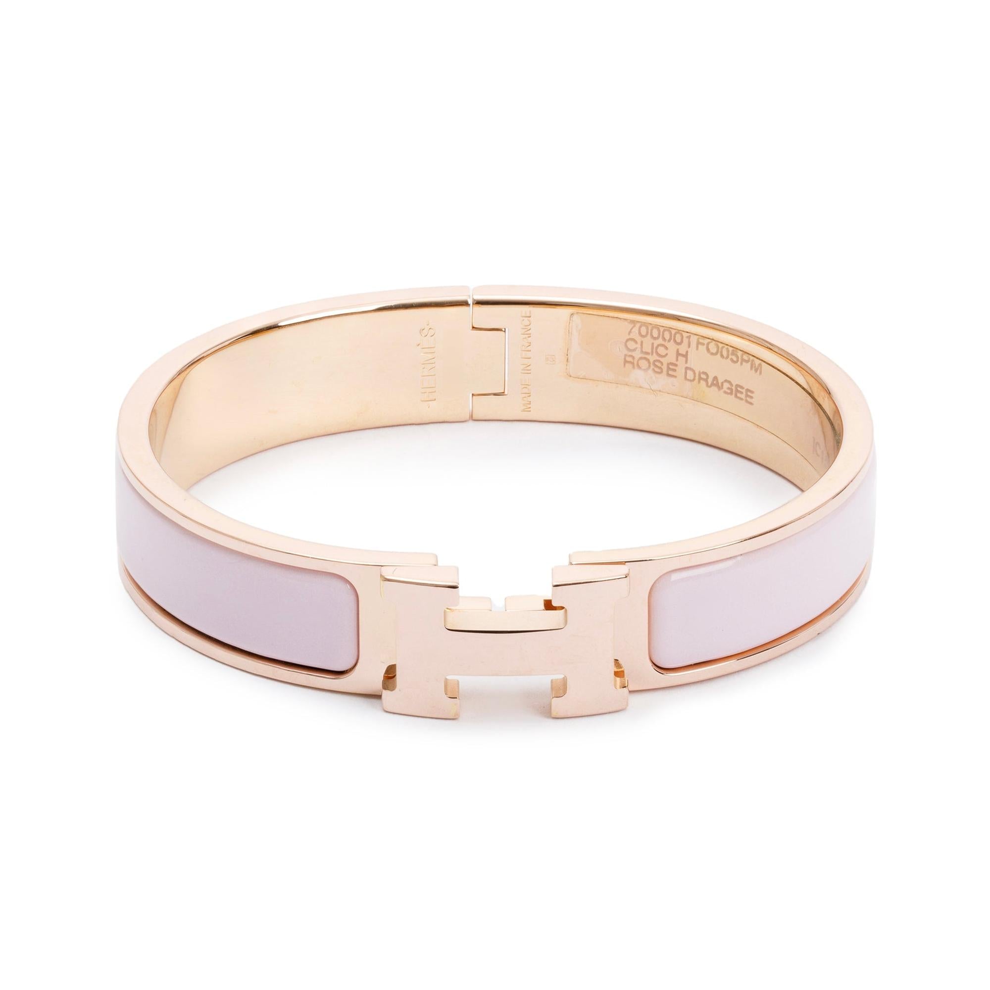 Hermes Rose Gold-Plated Pink Enamel 12 MM Clic H Bracelet w/ Box
