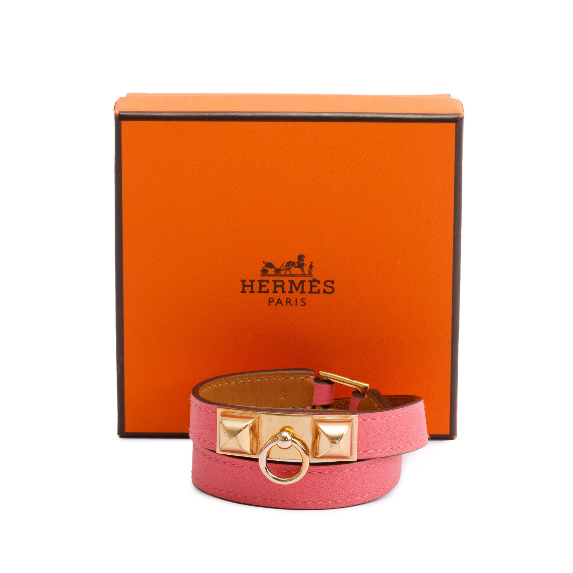 Hermes Rose Gold Plated Rivale Double Tour Pink Leather Bracelet, Size S w/ Box