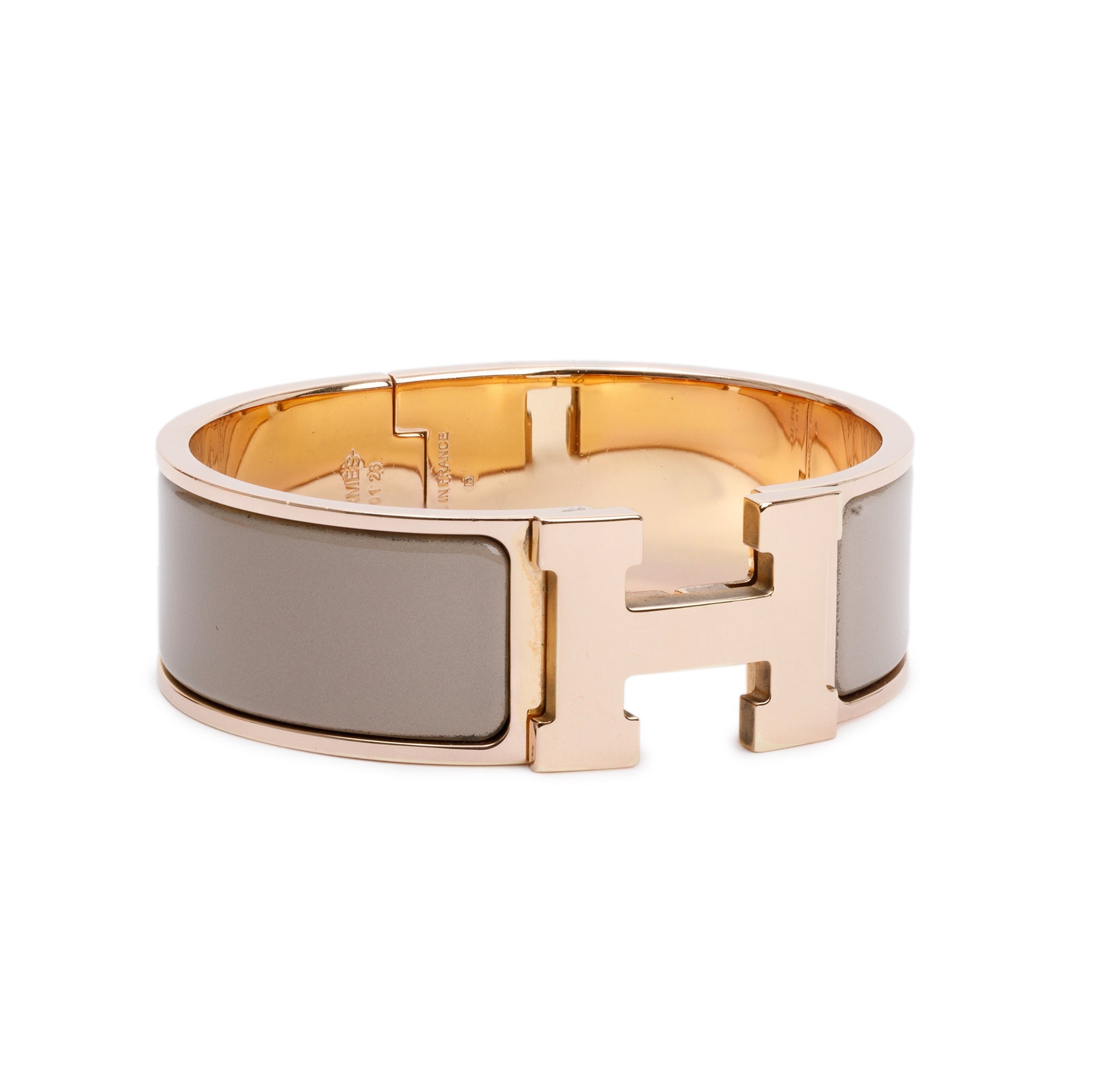 Hermes Rose Gold-Plated Taupe Enamel Clic Clac H Bracelet w/ Box