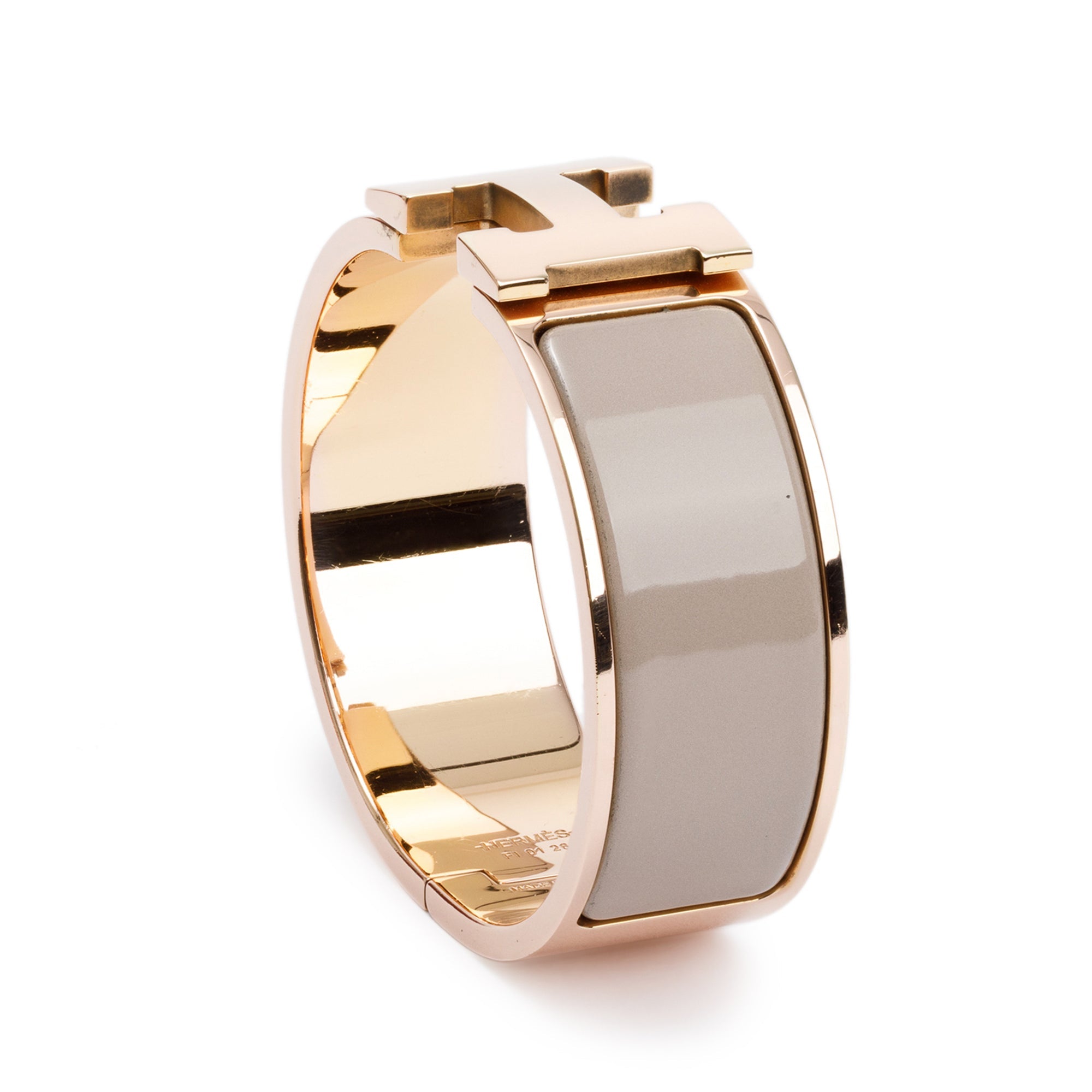 Hermes Rose Gold-Plated Taupe Enamel Clic Clac H Bracelet w/ Box