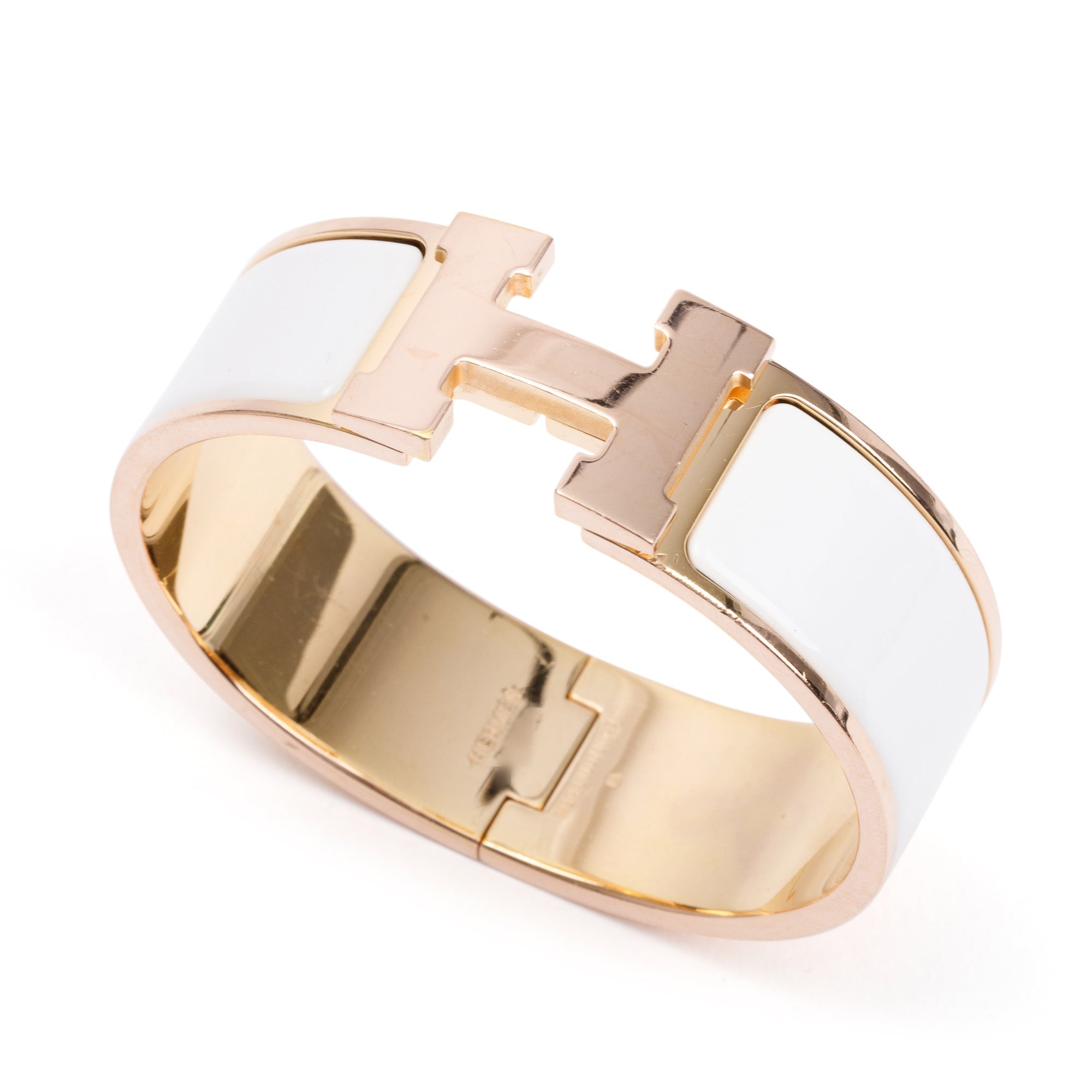 Hermes Rose Gold-Plated White Enamel Clic Clac H Bracelet w/ Box