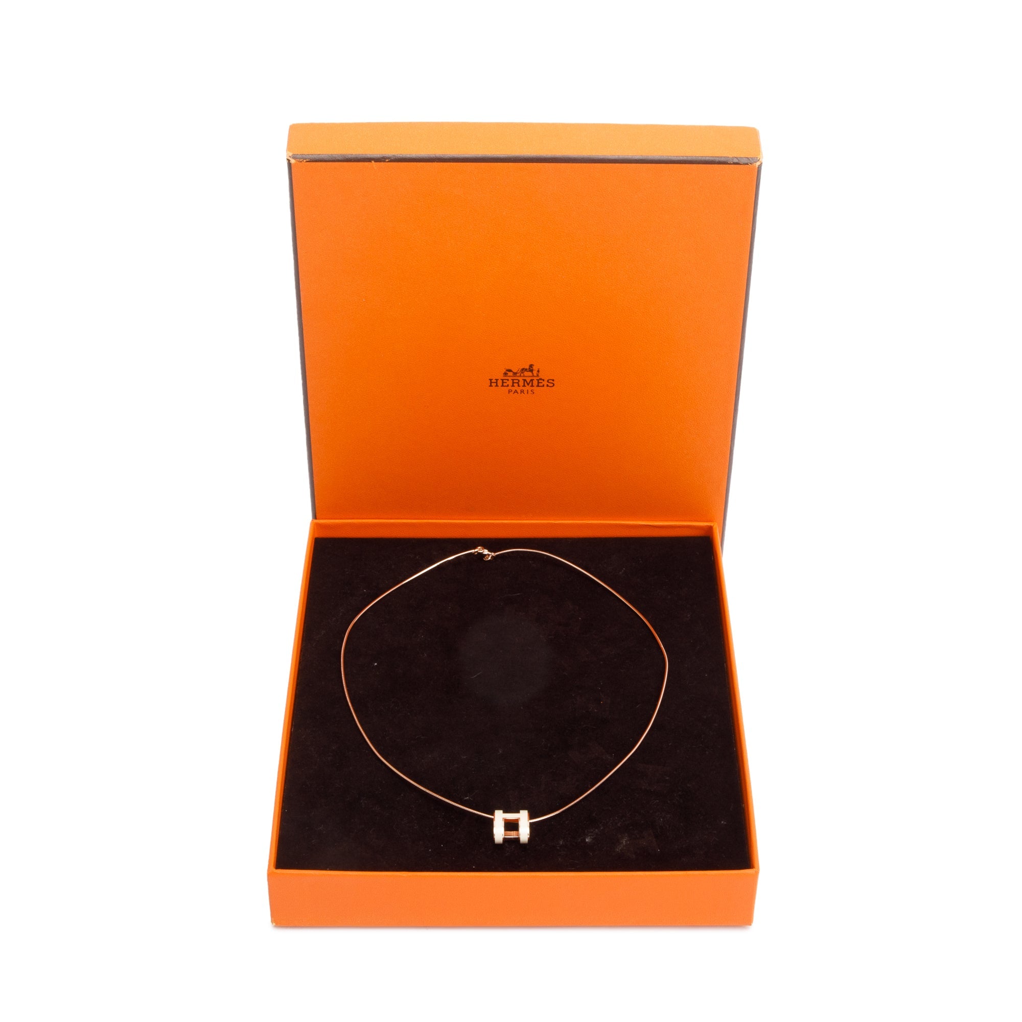 Hermes Rose Gold-Plated White Lacquered Pop H Pendant Necklace w/ Box
