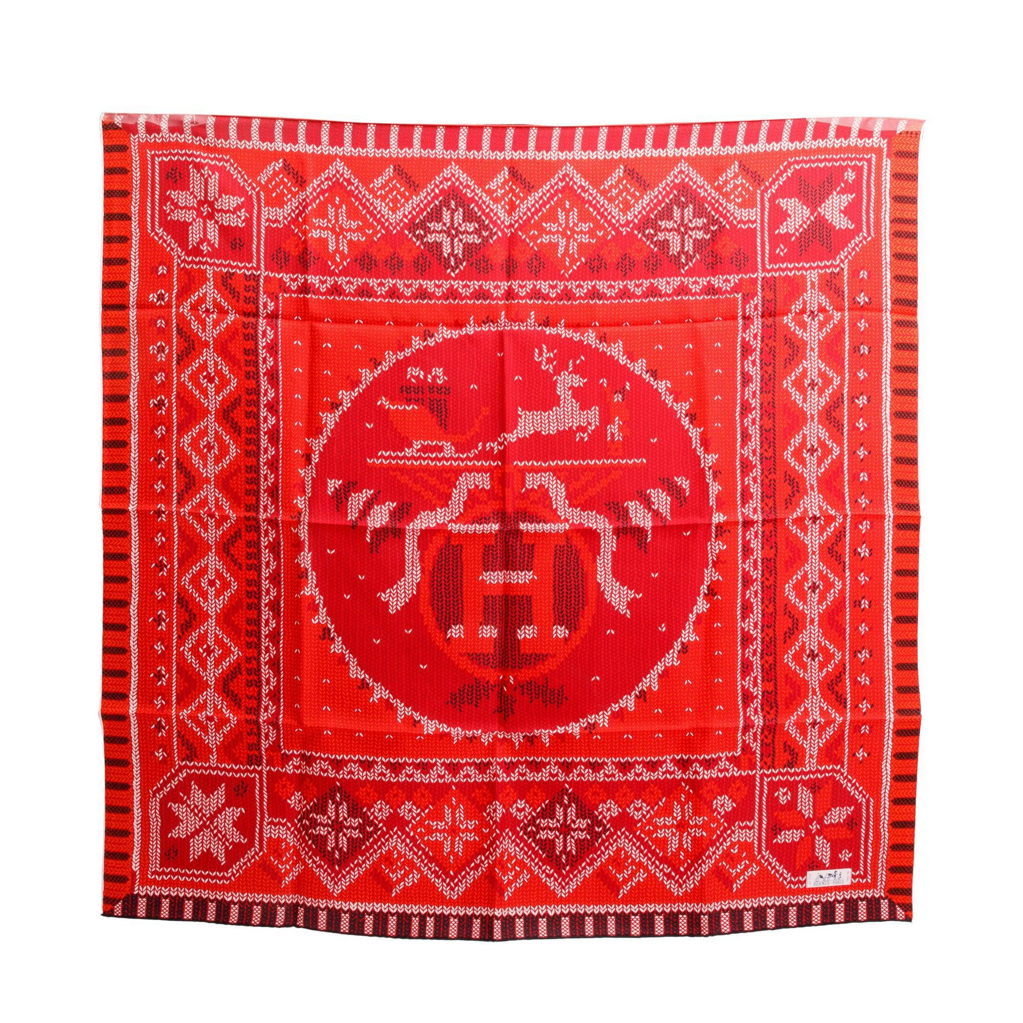 Hermes Rouge Bordeaux 'Au Coin Du feu' Silk Scarf 90