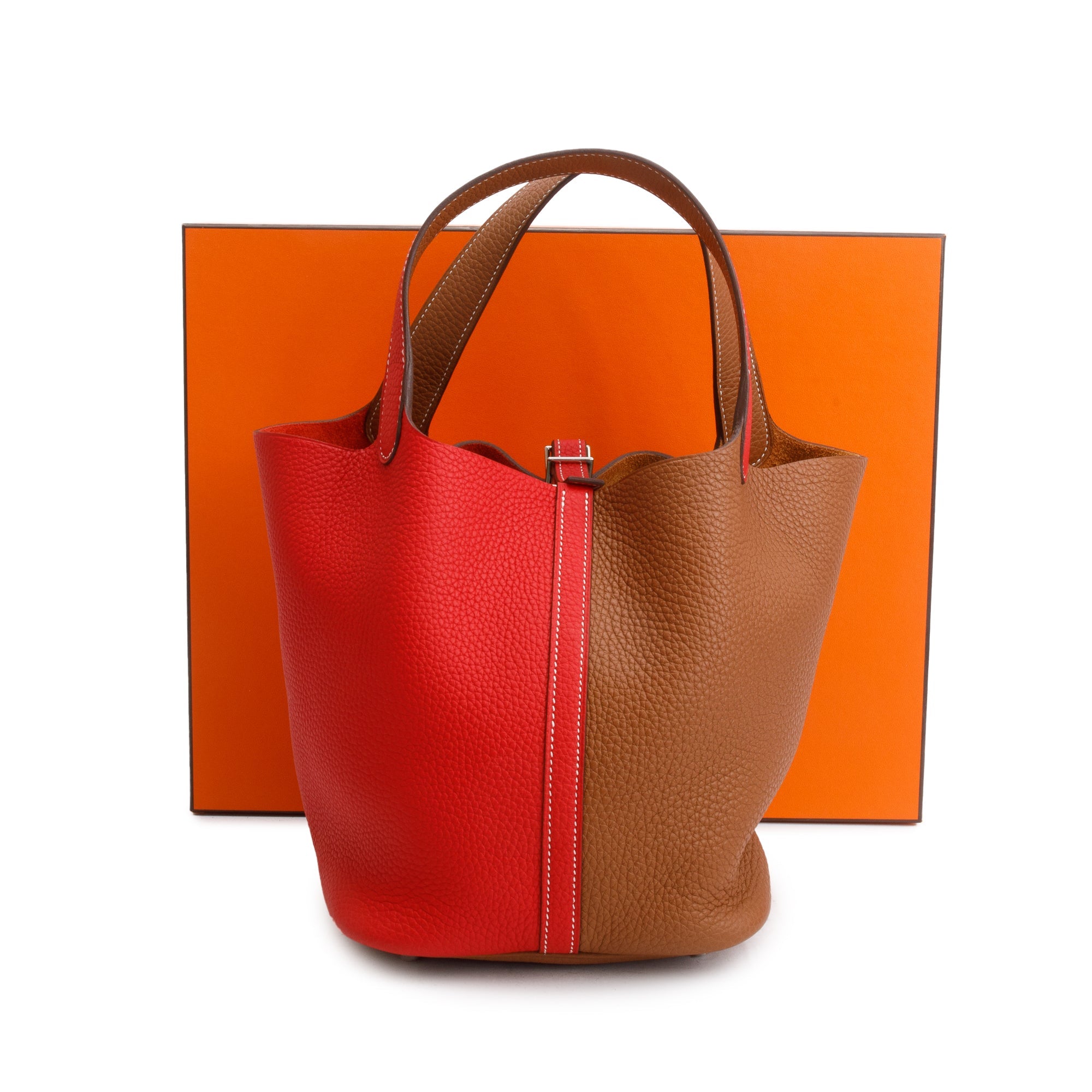 Hermes Rouge Coeur/Gold Bicolor Taurillon Clemence Picotin 22 w/ Box