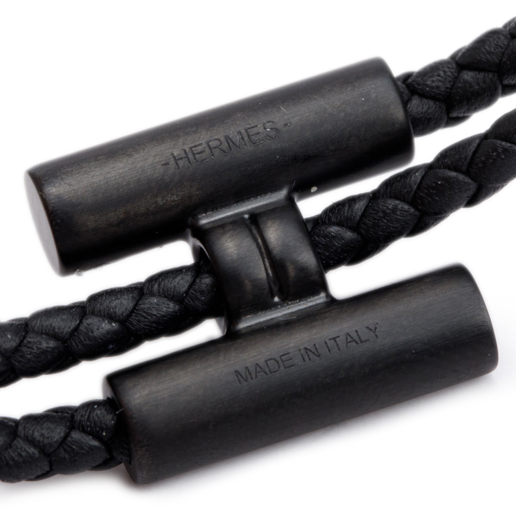 Hermes Ruthenium Plated Tournis Tresse Black Leather Bracelet w/ Box