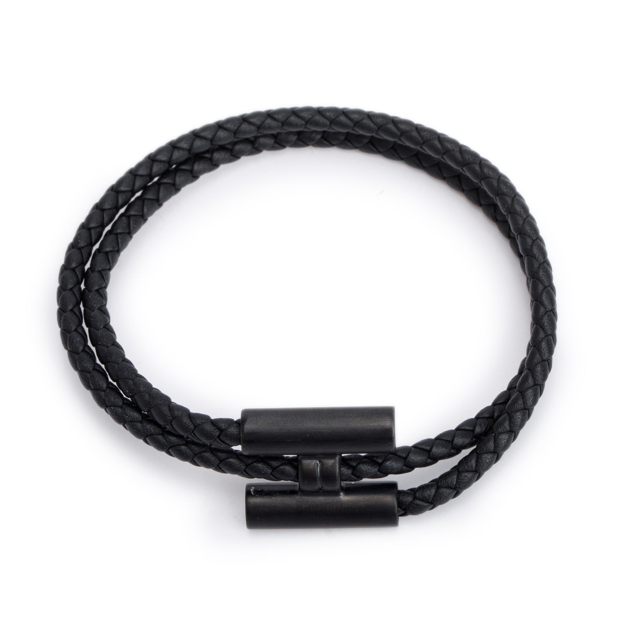 Hermes Ruthenium Plated Tournis Tresse Black Leather Bracelet w/ Box