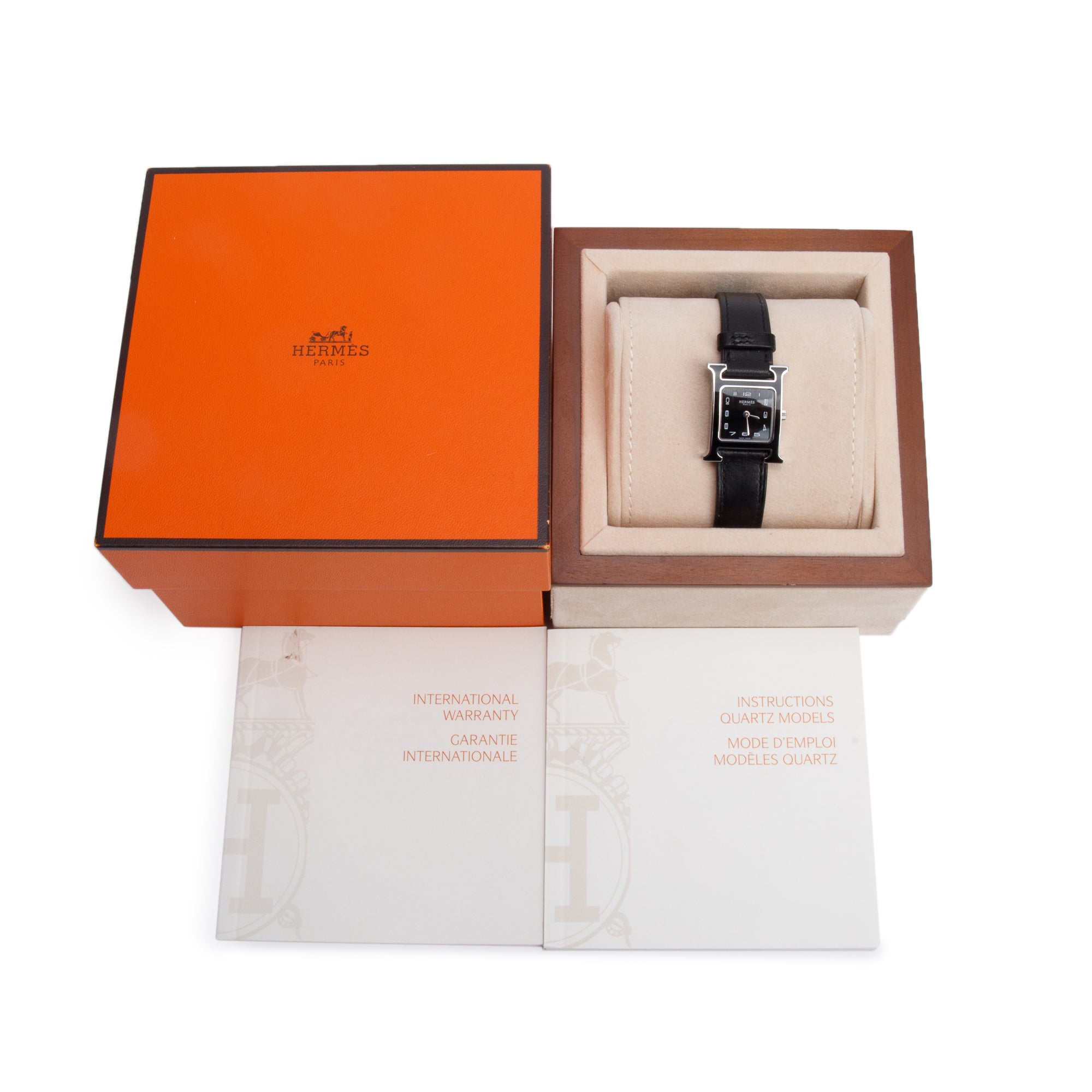 Hermes Stainless Steel Black Enamel Heure H Mini Model 21 MM Watch w/ Box & Papers