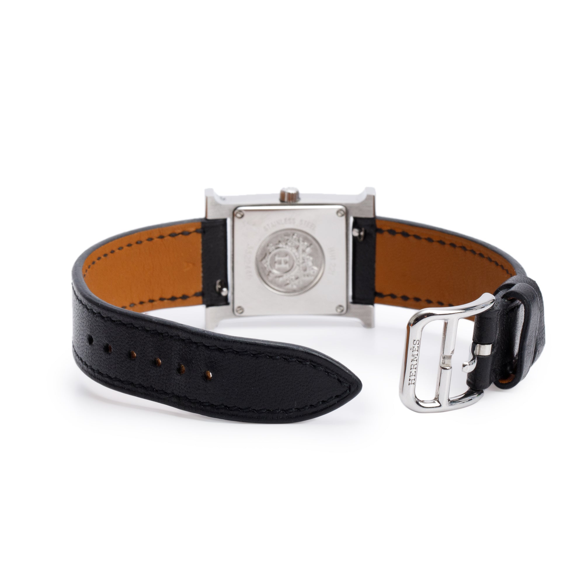 Hermes Stainless Steel Black Enamel Heure H Mini Model 21 MM Watch w/ Box & Papers