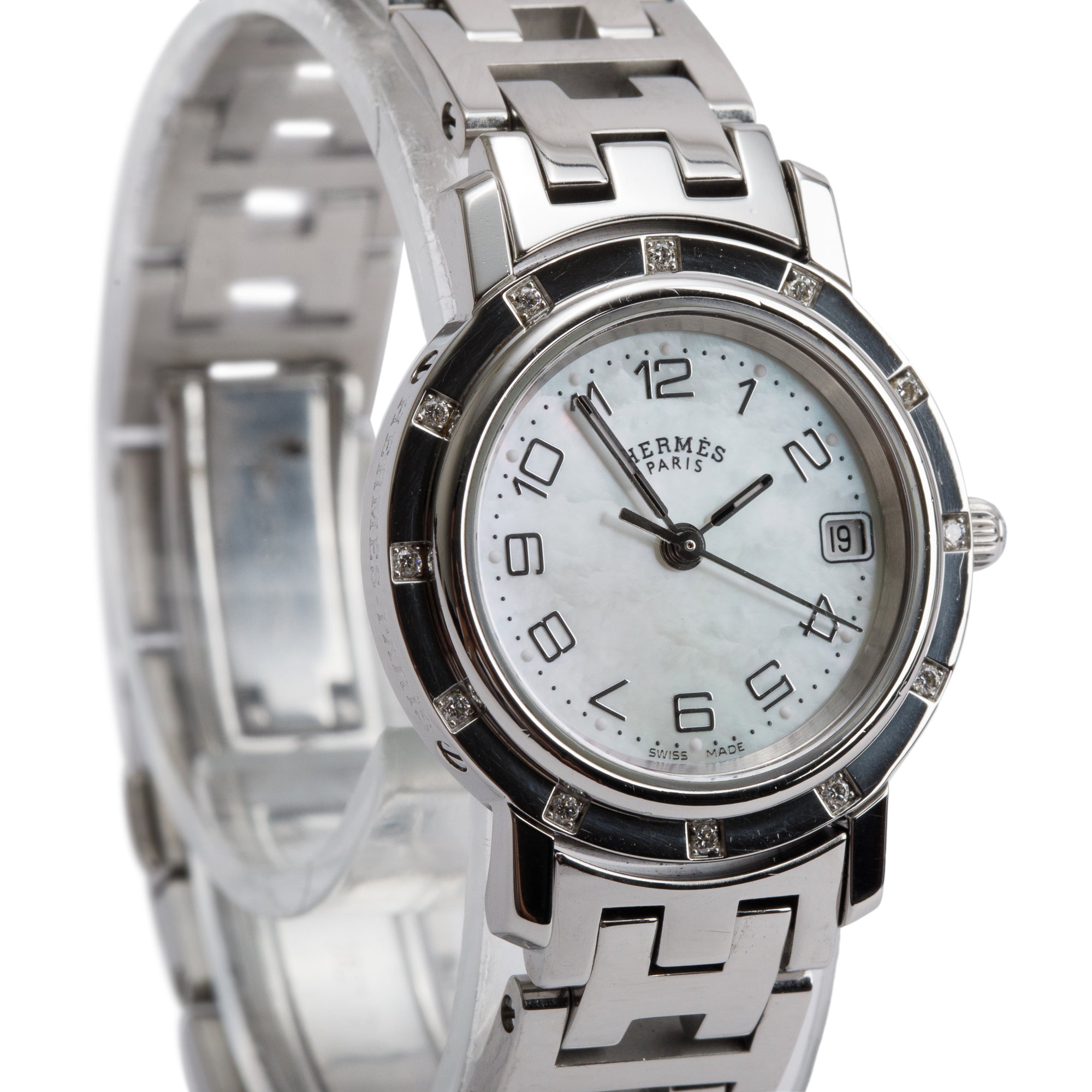 Hermes Stainless Steel Diamond Bezel 24 MM Clipper Watch