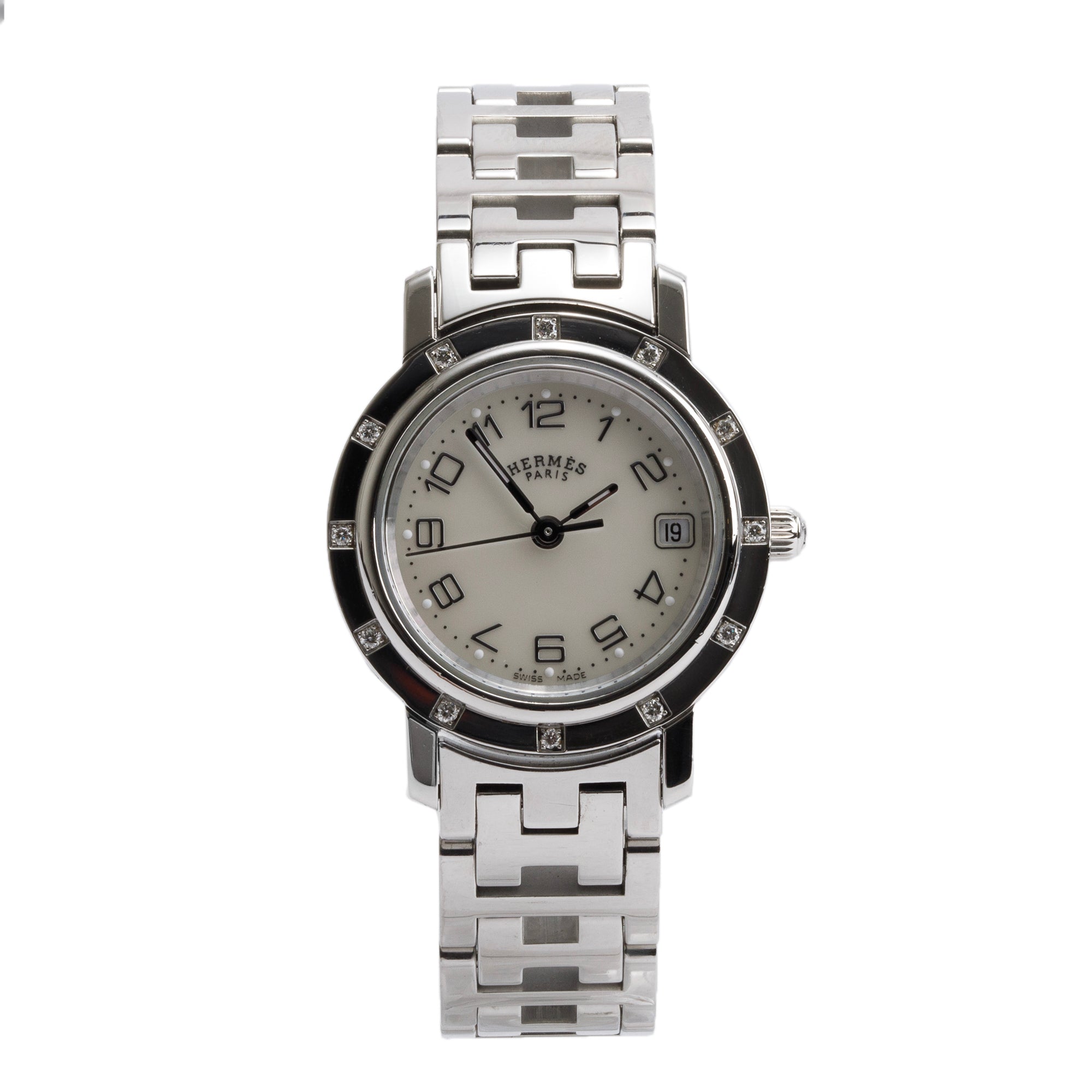 Hermes Stainless Steel Diamond Bezel 24 MM Clipper Watch