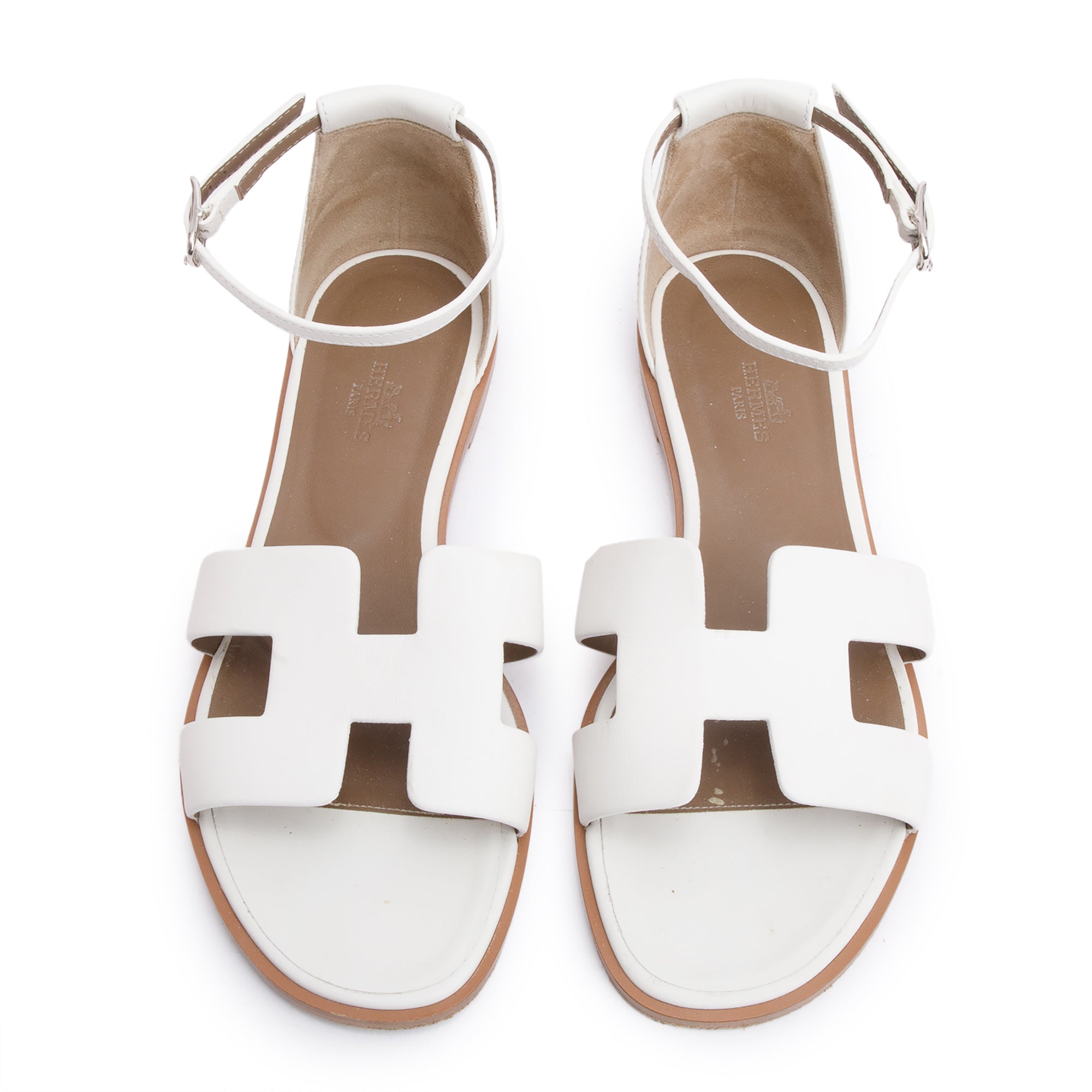 Hermes White Calfskin Leather Santorini Sandals, Size 39 w/ Box