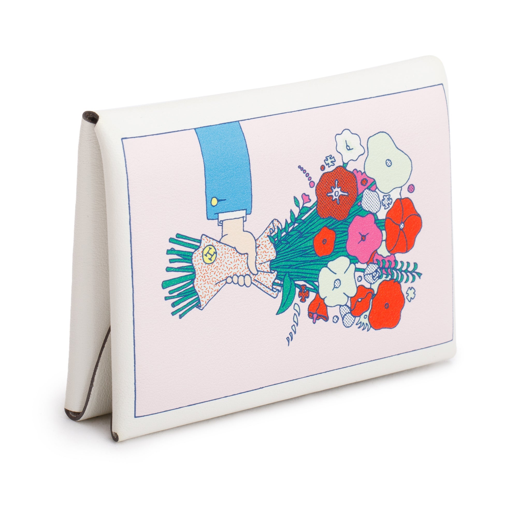 Hermes White Swift Leather Bouquet Calvi Duo Card Case w/ Box