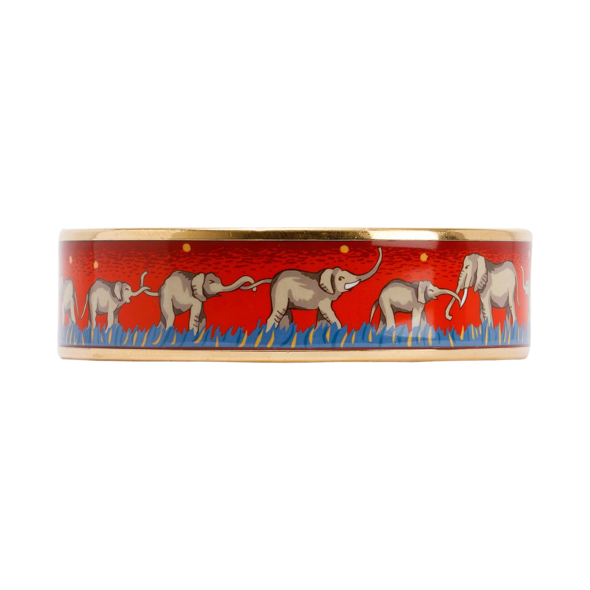 Hermes Wide Elephant Print Enamel Bangle Bracelet w/ Box