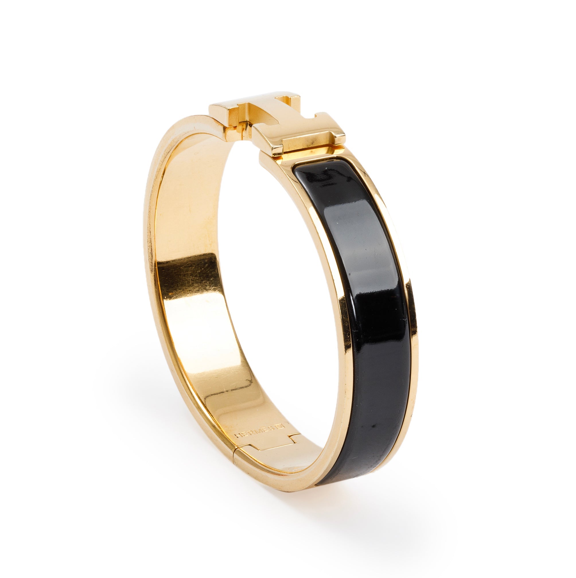 Hermes Yellow Gold-Plated Black Enamel 12 MM Clic H Bracelet