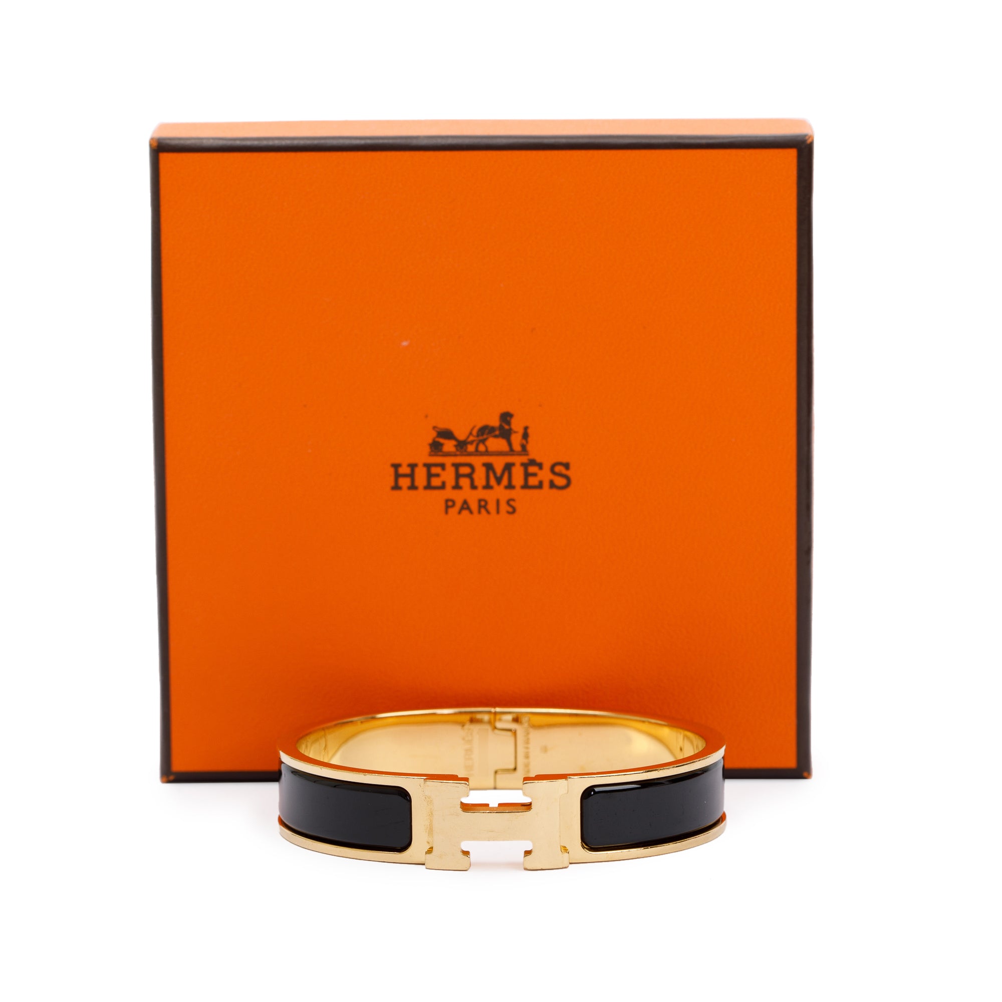 Hermes Yellow Gold-Plated Black Enamel 12 MM Clic H Bracelet w/ Box