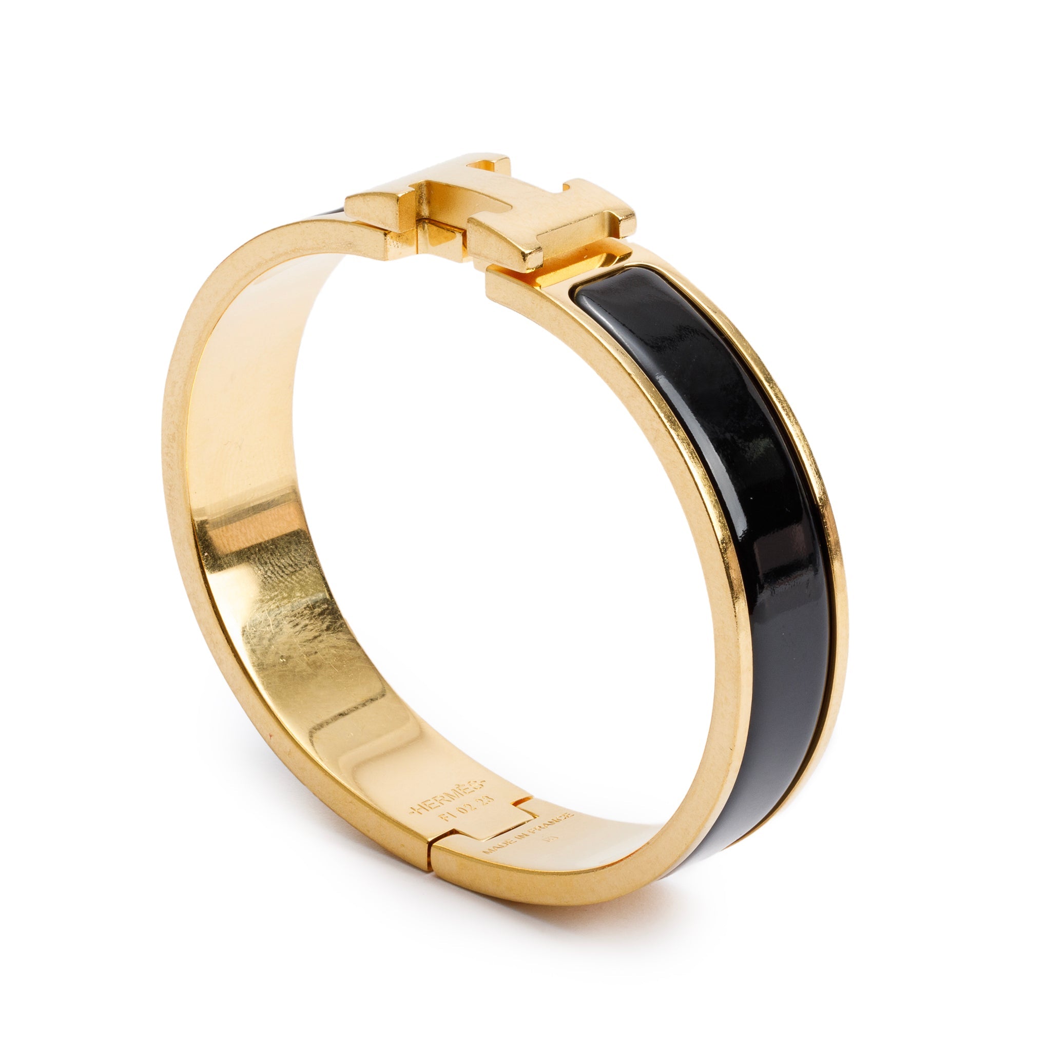 Hermes Yellow Gold Plated Black Enamel 12 MM Clic H Bracelet w/ Box