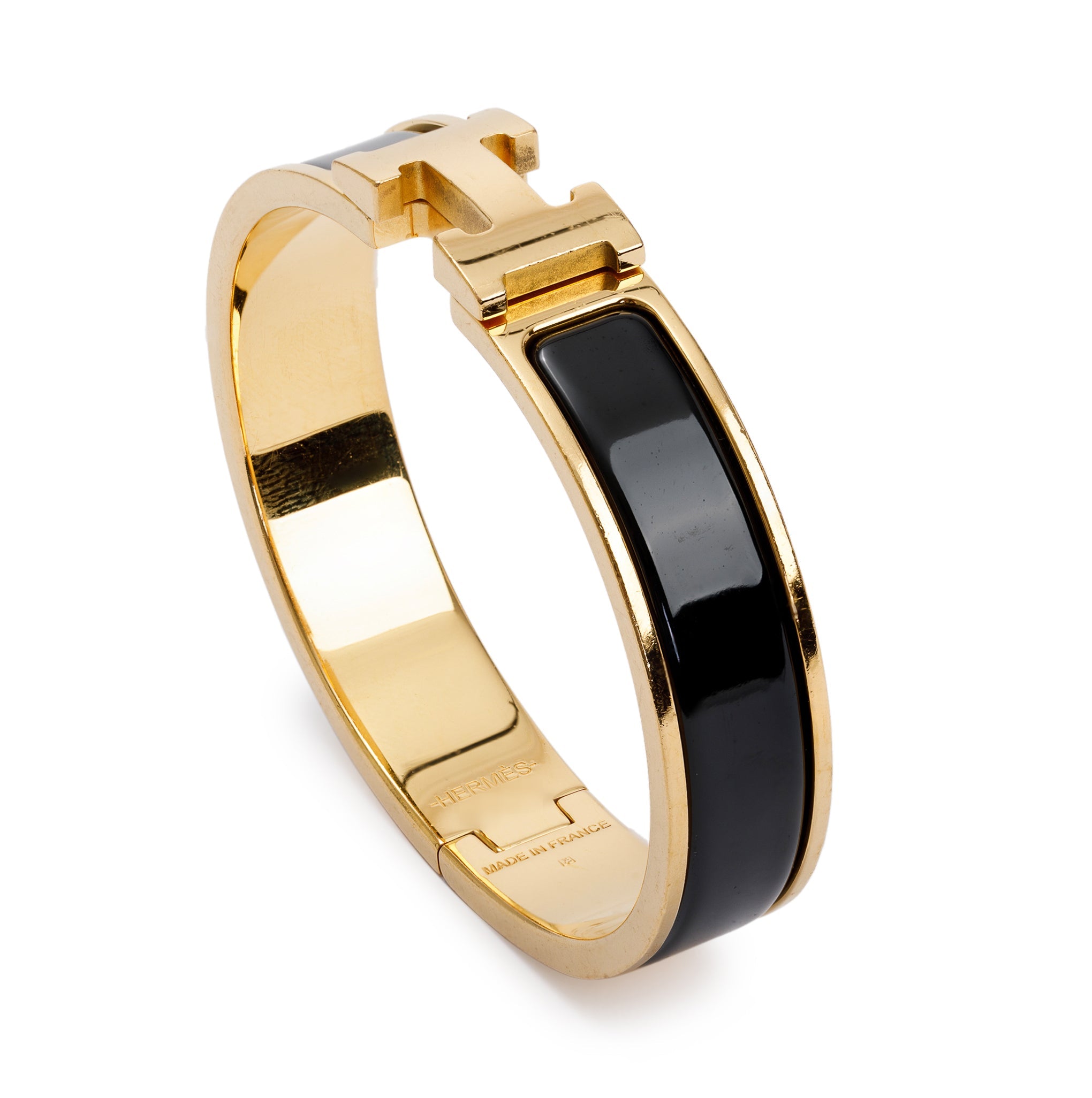 Hermes Yellow Gold-Plated Black Enamel 12 MM Clic H Bracelet w/ Box