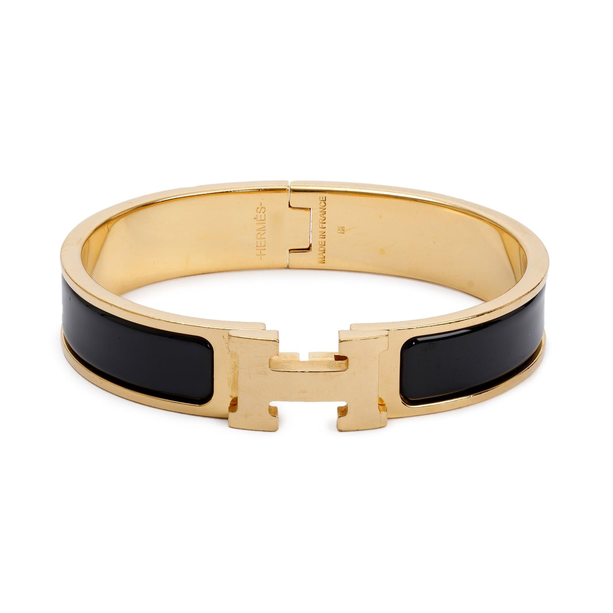 Hermes Yellow Gold-Plated Black Enamel 12 MM Clic H Bracelet w/ Box