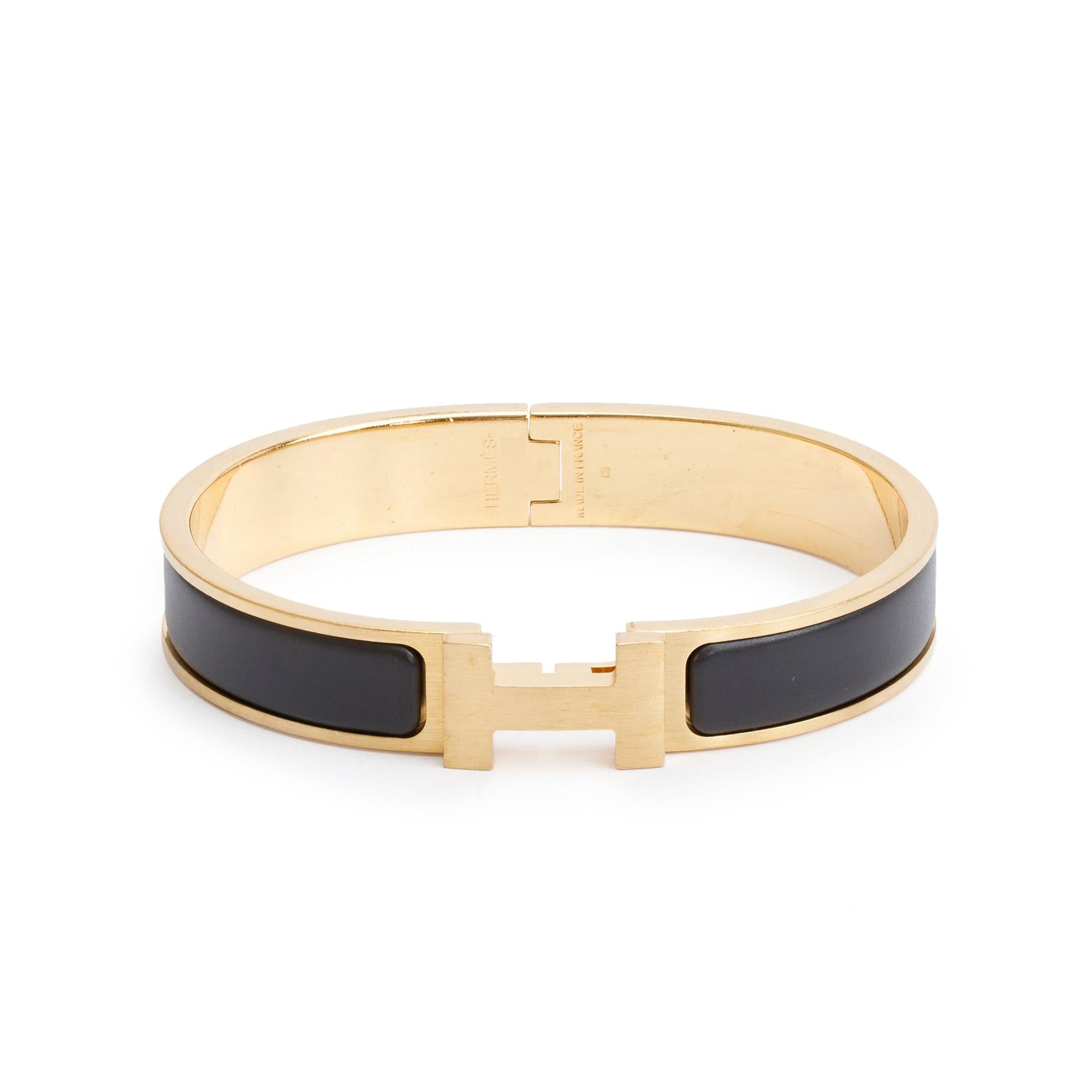Hermes Yellow Gold Plated Noir Mat Enamel 12 MM Clic HH Bracelet, Size T4